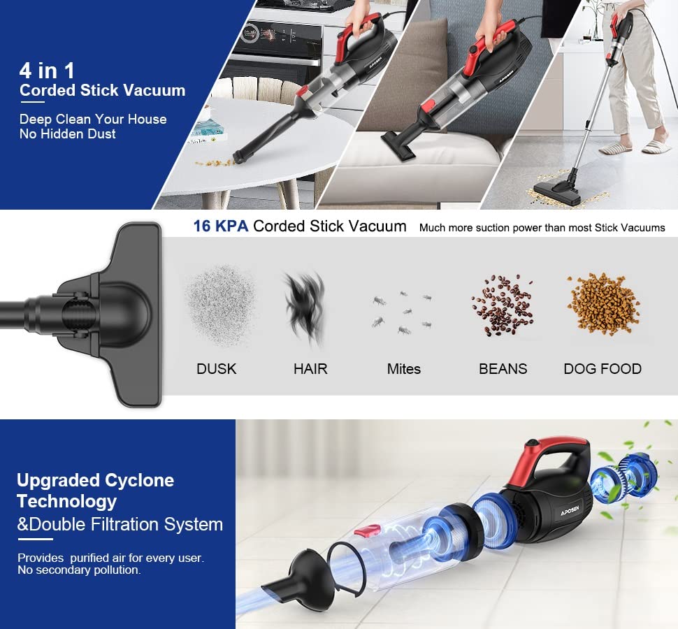 Aposen H21-500P 16KPa Powerful Corded Vacuum Cleaner with Brush Motor - Strong Suction for Pet Hair, Hard Floors & Carpets - Ideal for Home Cleaning on Amazon