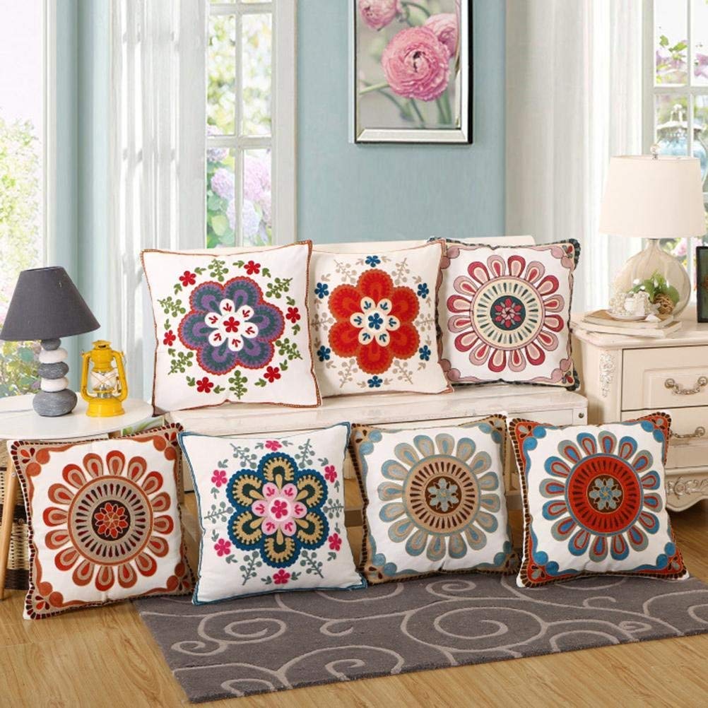 Handmade Bohemian Flower Embroidered Cushion Cover Set of 2 - 18x18 Inch (45x45cm) Blue Floral Pillow Covers for Sofa, Bed, Car & Home Decor - Perfect Housewarming Gift & Boho Chic Decoration
