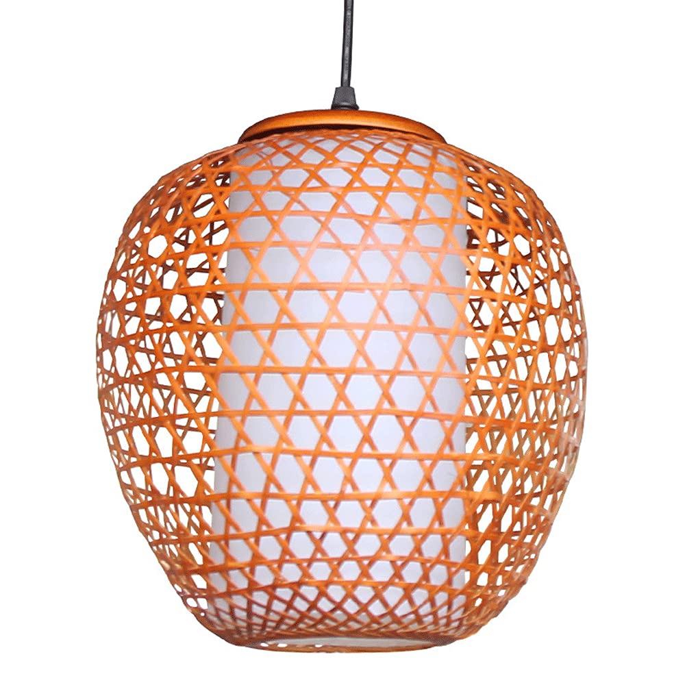Antique Rattan Lantern Chandelier - 10 Inch Natural Woven Wood Ceiling Pendant Light with Adjustable Rope, Bamboo Fabric Shade for Dining Room, Living Room, Bedroom & Patio Lighting