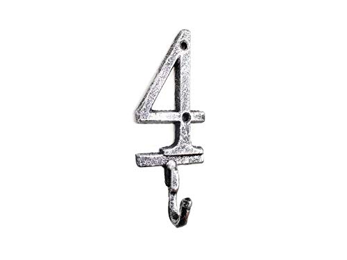 Rustic Silver Cast Iron Wall Hook Number 4 - 6 Inch Heavy Duty Home Decor for Coats, Hats & Keys - Vintage Industrial Wall Hooks for Entryway, Kitchen & Garage Organization