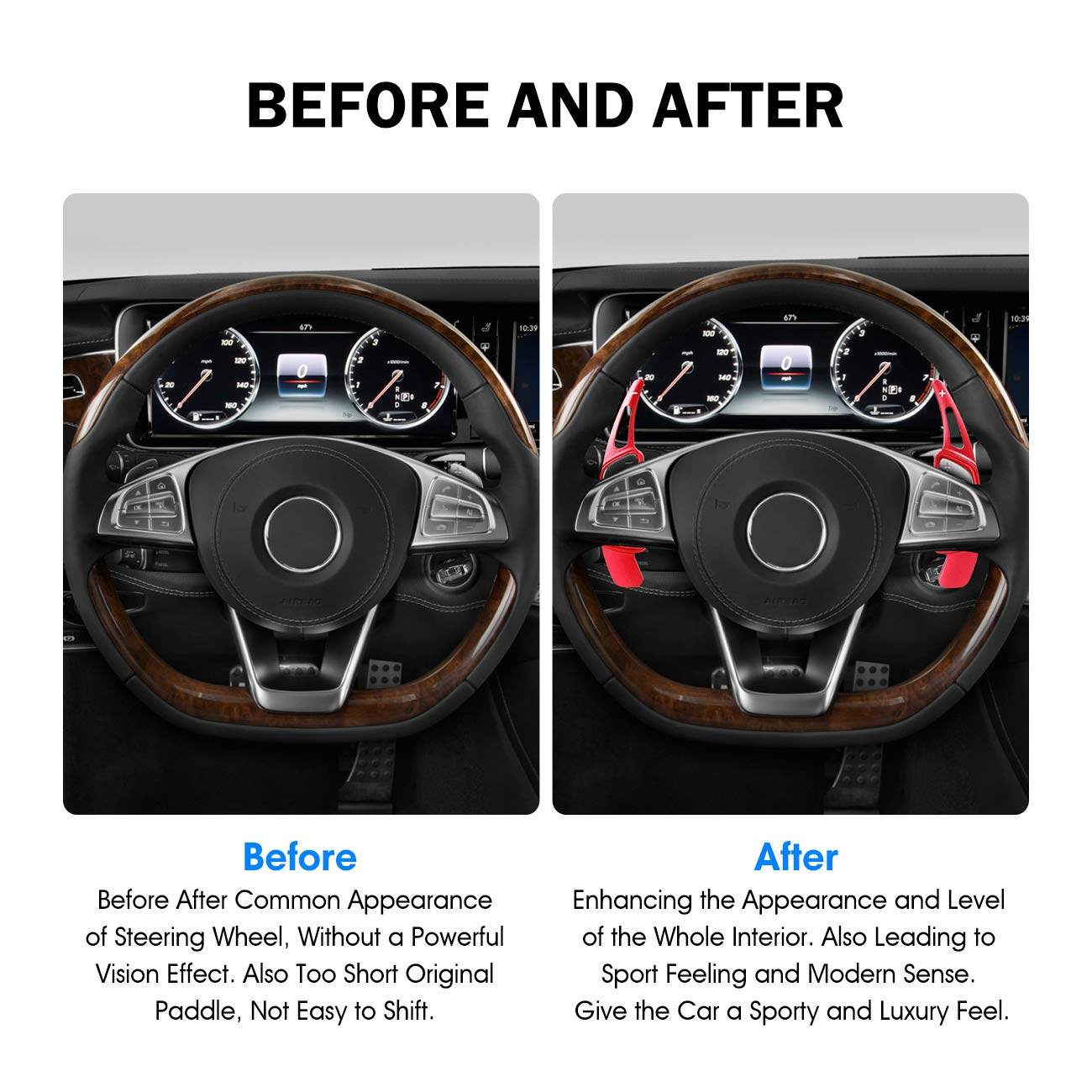 Aluminum Paddle Shifter Extensions for Mercedes Benz A/B/C/CLA/CLS/E/G/GL/GLA/GLC/GLE/GLS/Metris/S/SL/SLC Class - Red Metal Steering Wheel Shift Blades for Enhanced Driving Experience & Sporty Look