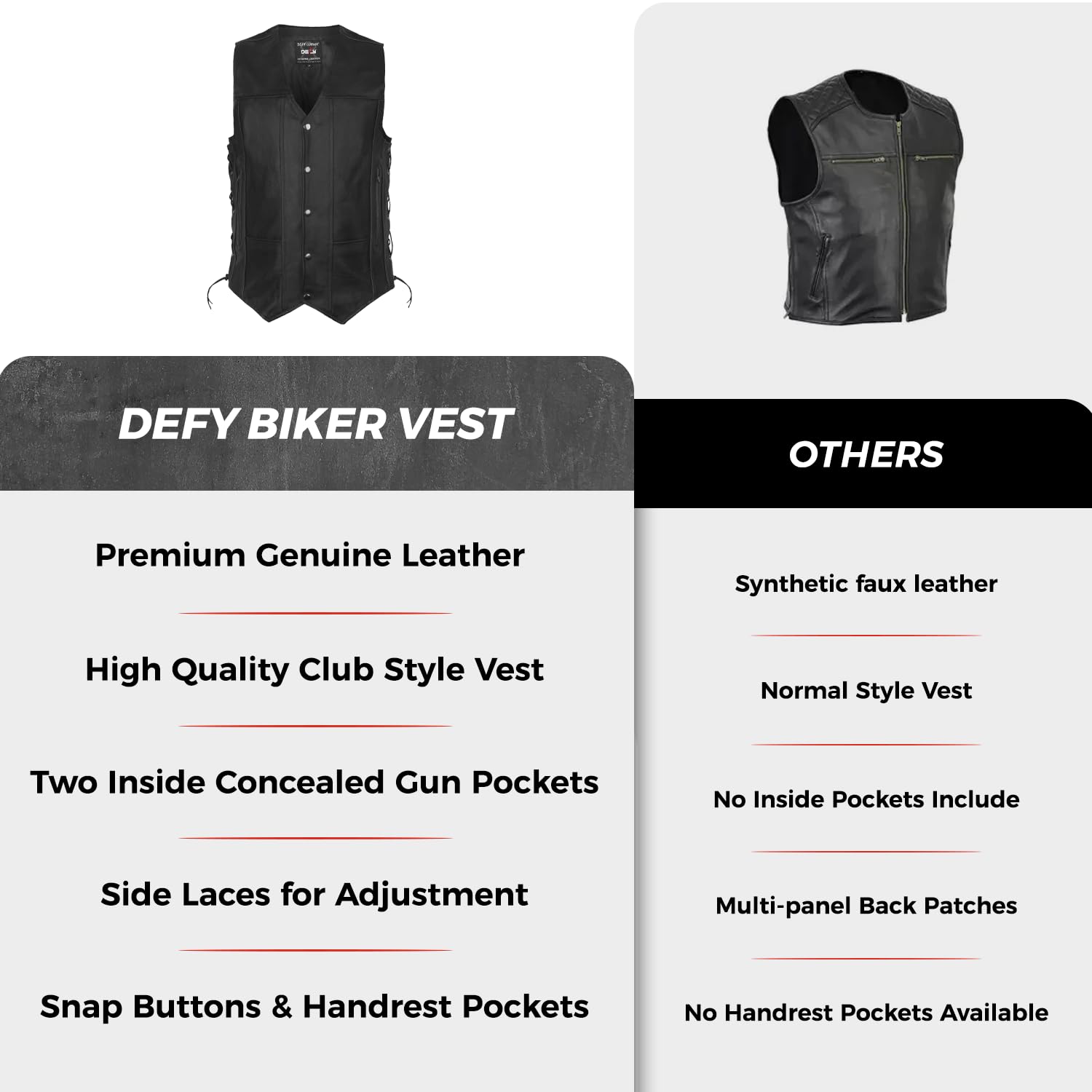 DEFY Genuine Leather Motorcycle Vest for Men & Women - 10-Pocket Biker Jacket with Concealed Carry Gun Pockets & Solid Back for Patches (10XL, Chest 68