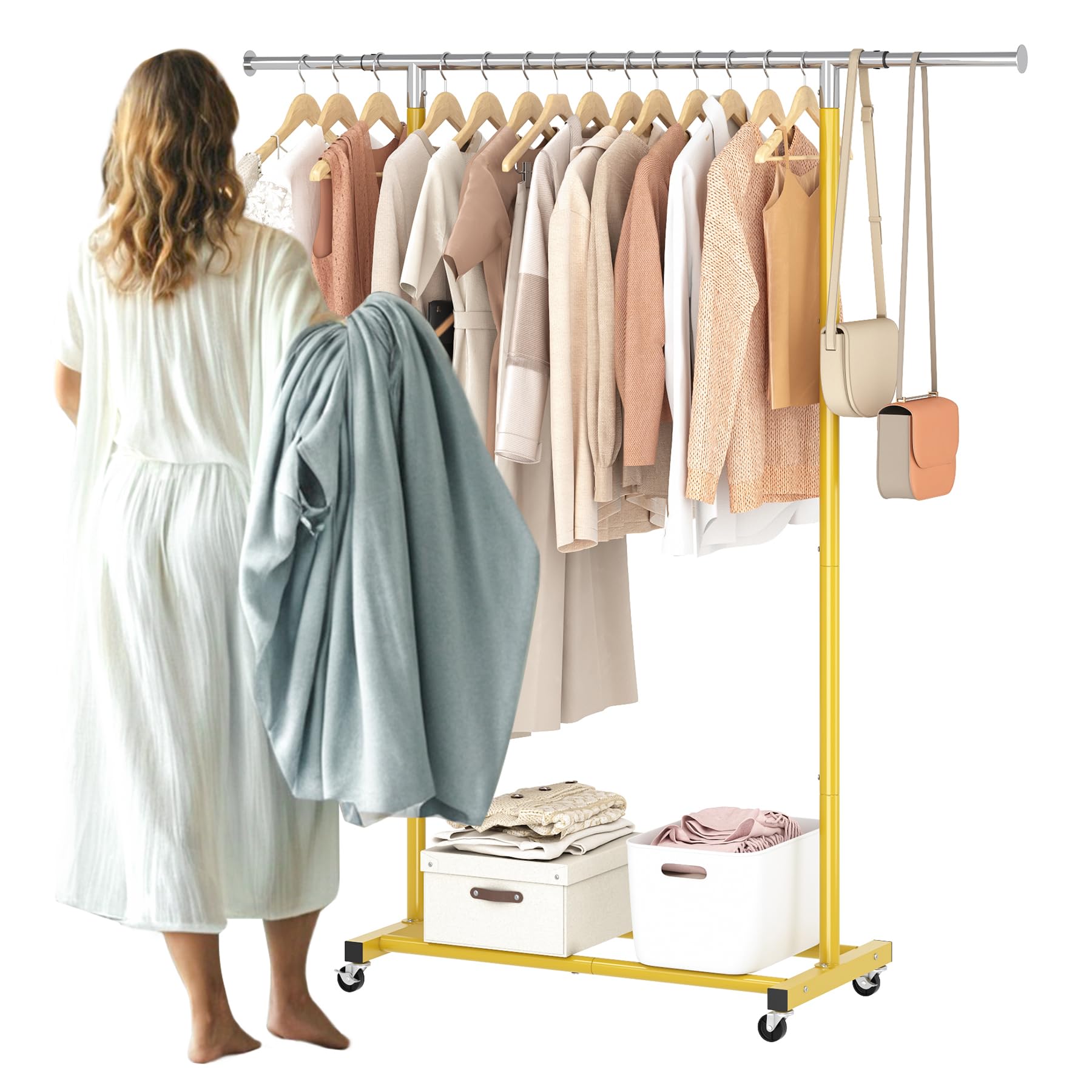 JIUYOTREE Adjustable Rolling Clothes Rack with Shelf - Mobile Garment Organizer with Wheels for Hanging Clothes, Shirts, Pants, Skirts & Bags (Gold) - Perfect for Bedroom, Closet Organization, Laundry Room & Retail Stores