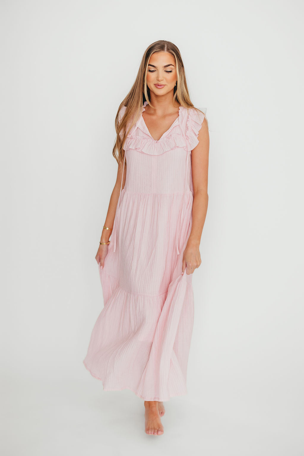 Brynn Ruffle Tiered Midi Dress - Flowy Pink Summer Dress for Women | Perfect for Beach Vacations, Date Nights & Garden Parties