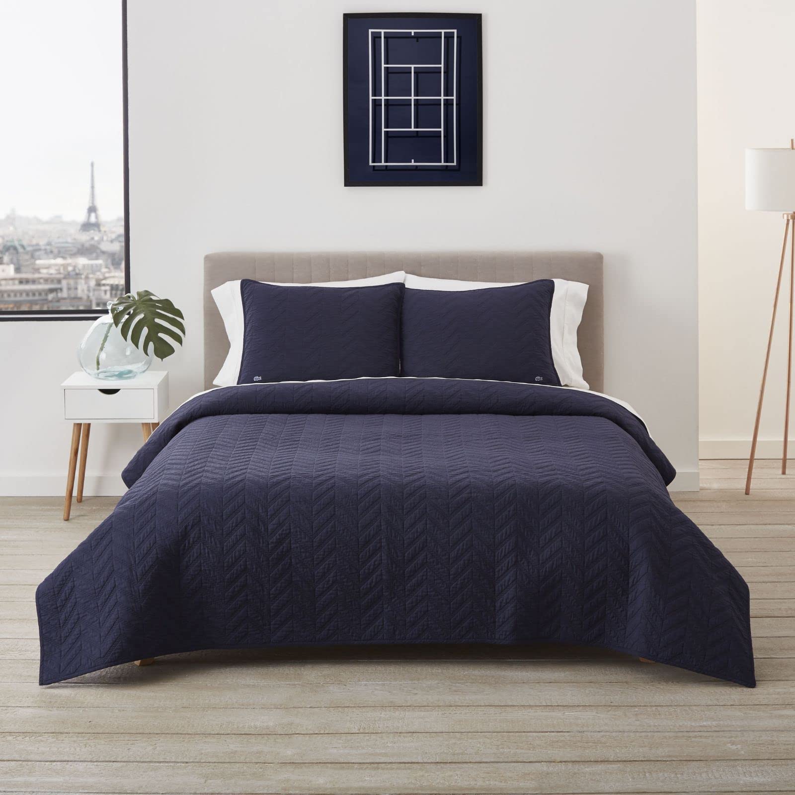 Lacoste Herringbone Stitch 3-Piece Quilt Set - Full/Queen Size, Indigo Blue Cotton Bedding for Cozy Bedroom Decor | Perfect for Guest Rooms & Master Bedrooms