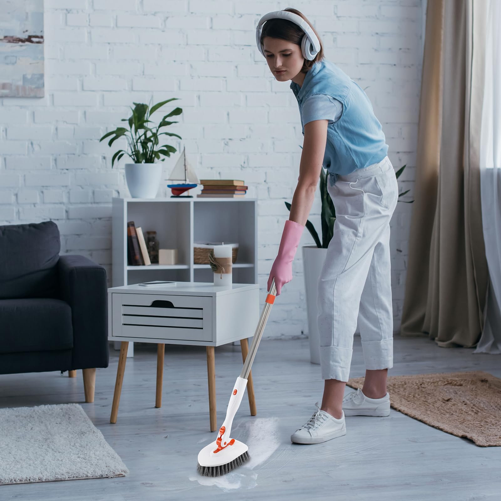 3 in 1 Tub Tile Scrubber Brush with 52 Inch Long Handle - Bathroom Shower Cleaning Brush with Locked Head for Kitchen, Toilet, Wall & Sink - Perfect for Hard-to-Reach Areas and Deep Cleaning Grout Lines