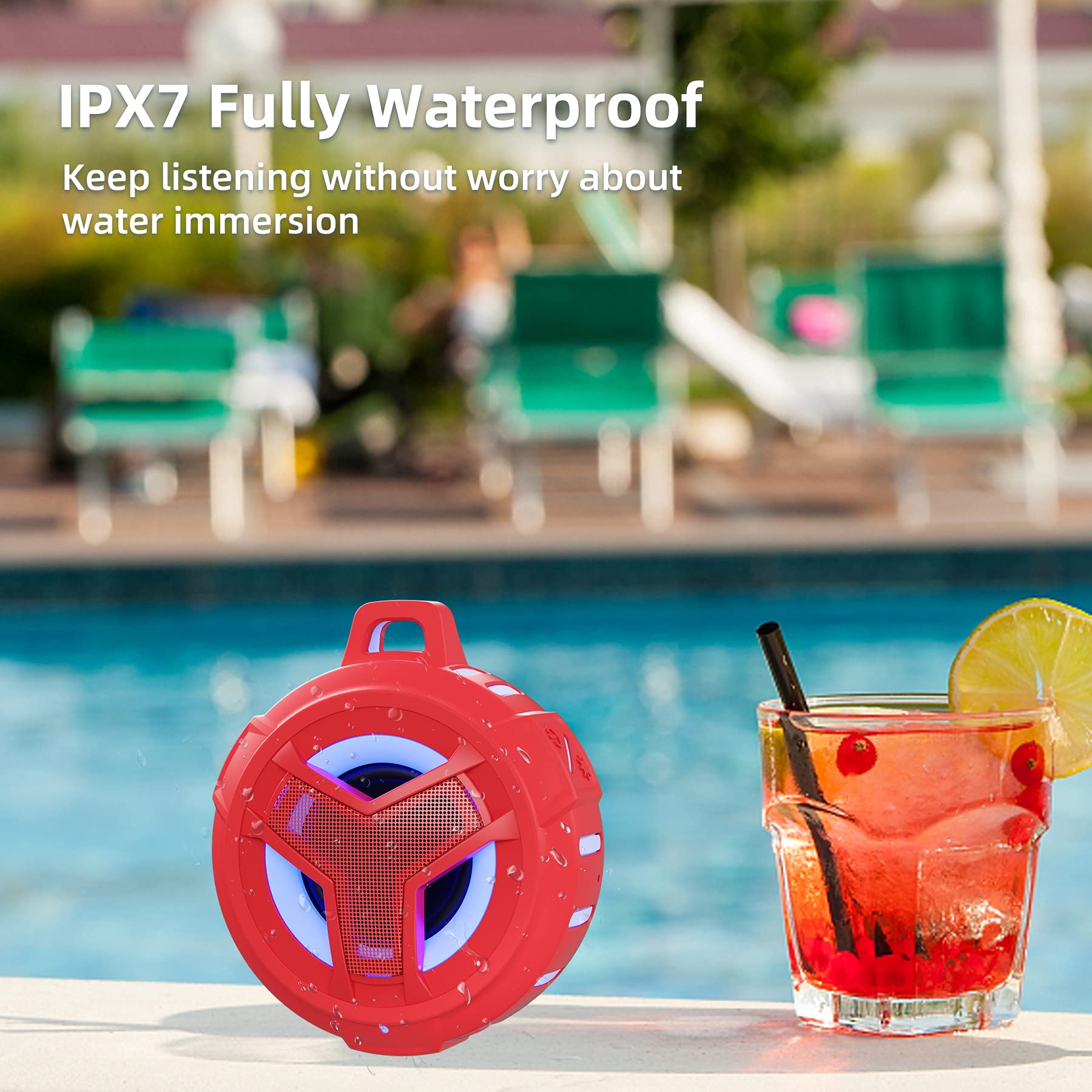 EBODA IP67 Waterproof Bluetooth Shower Speaker with LED Light, Floating Portable Wireless Speaker, 2000mAh Battery, True Wireless Stereo for Pool, Kayak, Bike, Golf, Hiking, Camping, Beach, and Outdoor Adventures - Red