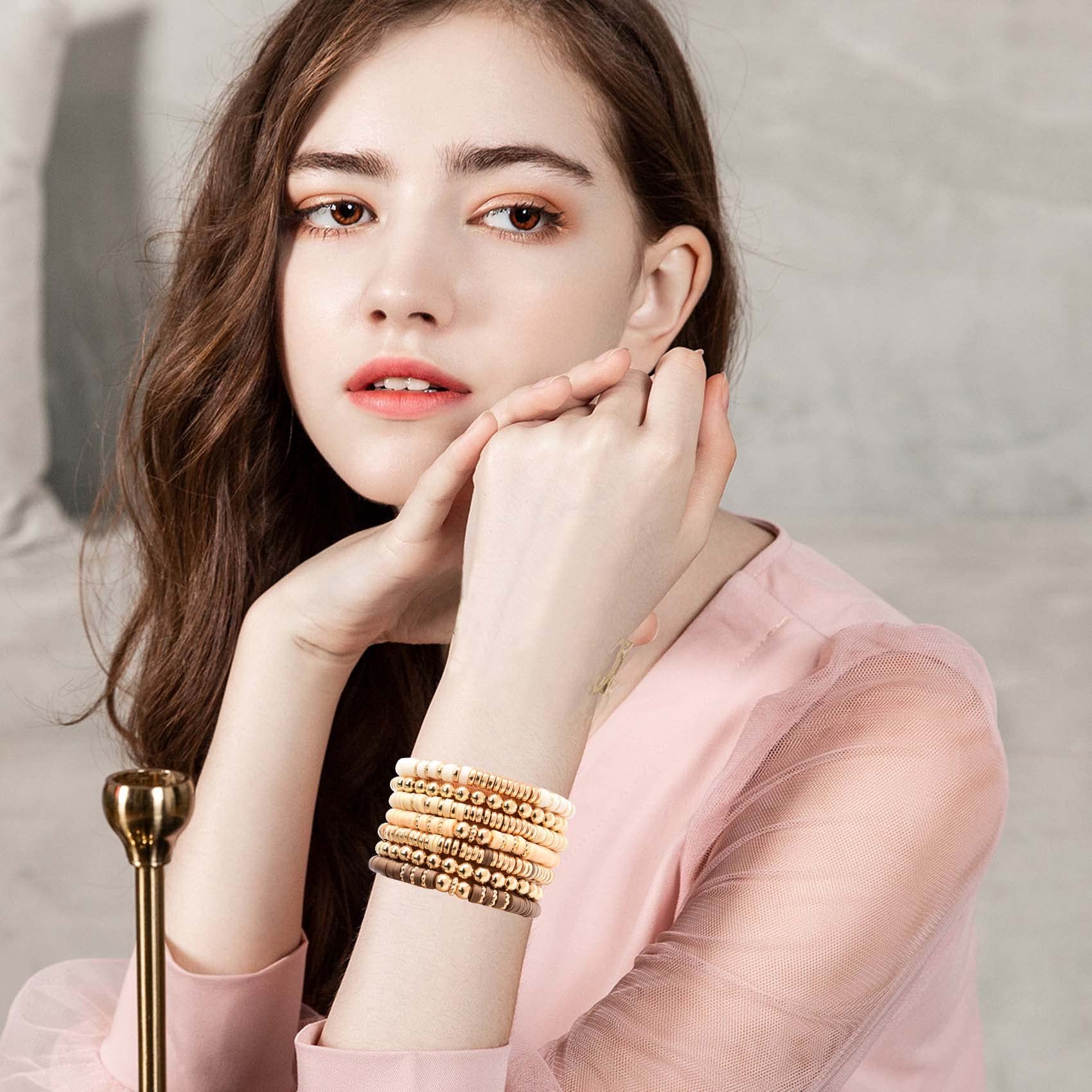 GOOJIDS Surfer Heishi Clay Bead Bracelets for Women - Bohemian Stackable Gold Beaded Stretch Bracelets Set - Elastic Layering Friendship Jewelry for Beach, Festival & Everyday Boho Style