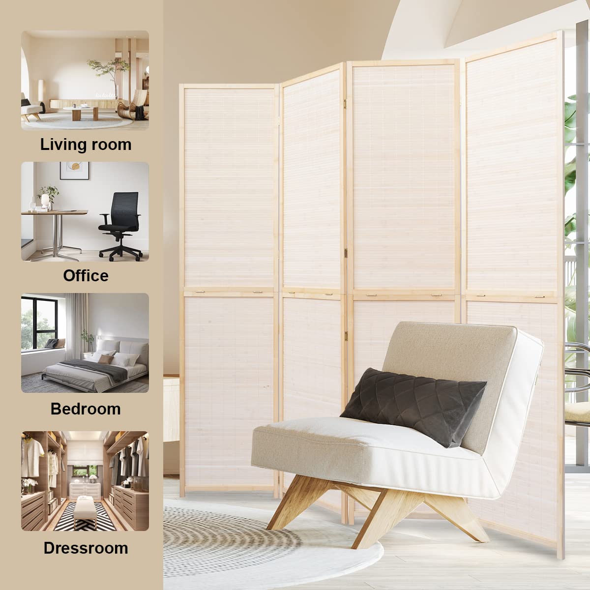 4 Panel Bamboo Room Divider - 6 FT Tall Folding Privacy Screen with Woven Mesh Design | Portable Freestanding Partition for Home, Office & Event Separation | Natural Beige Home Decor for Living Room, Bedroom & Studio Spaces