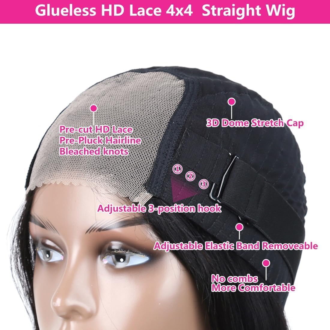 Glueless Human Hair Wig 16 Inches Straight Brazilian Virgin Hair - Pre-Cut HD Lace Wig with Bleached Knots, Natural Black Color for Women | Beginner Friendly No Glue Wig for Daily Wear, Parties & Special Occasions