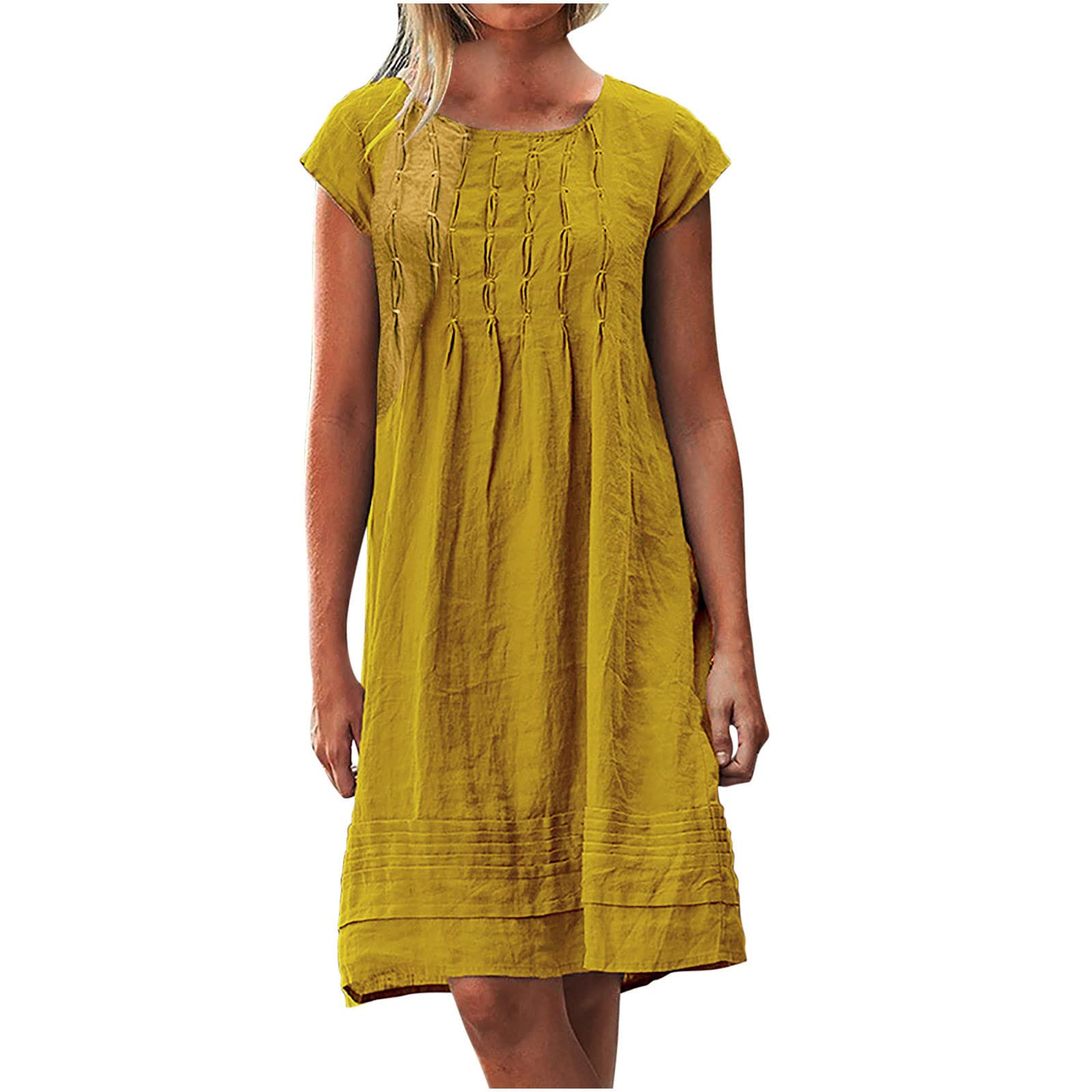 Women's Linen Pleated Summer Dress - Round Neck Short Sleeve Sundress for Beach, Vacation & Casual Wear | Breathable Mini Dress 2025 | Perfect for Outdoor Parties, Date Nights & Summer Getaways