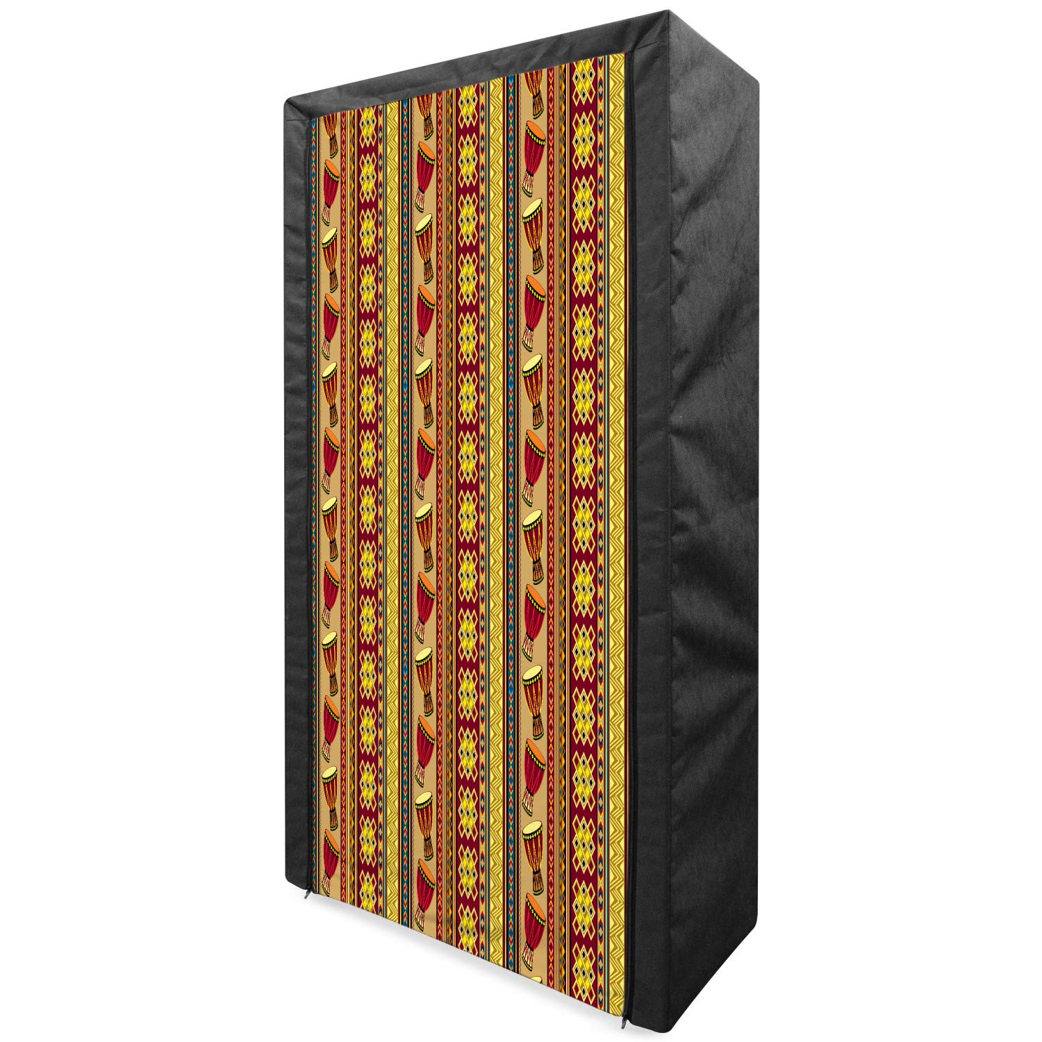 Ambesonne Ethnic Portable Fabric Wardrobe - Abstract Folk Drum Pattern Clothing Organizer with Shelves, 33.5 Inch Multicolor Storage Closet for Bedroom, Closet, Dorm or Travel