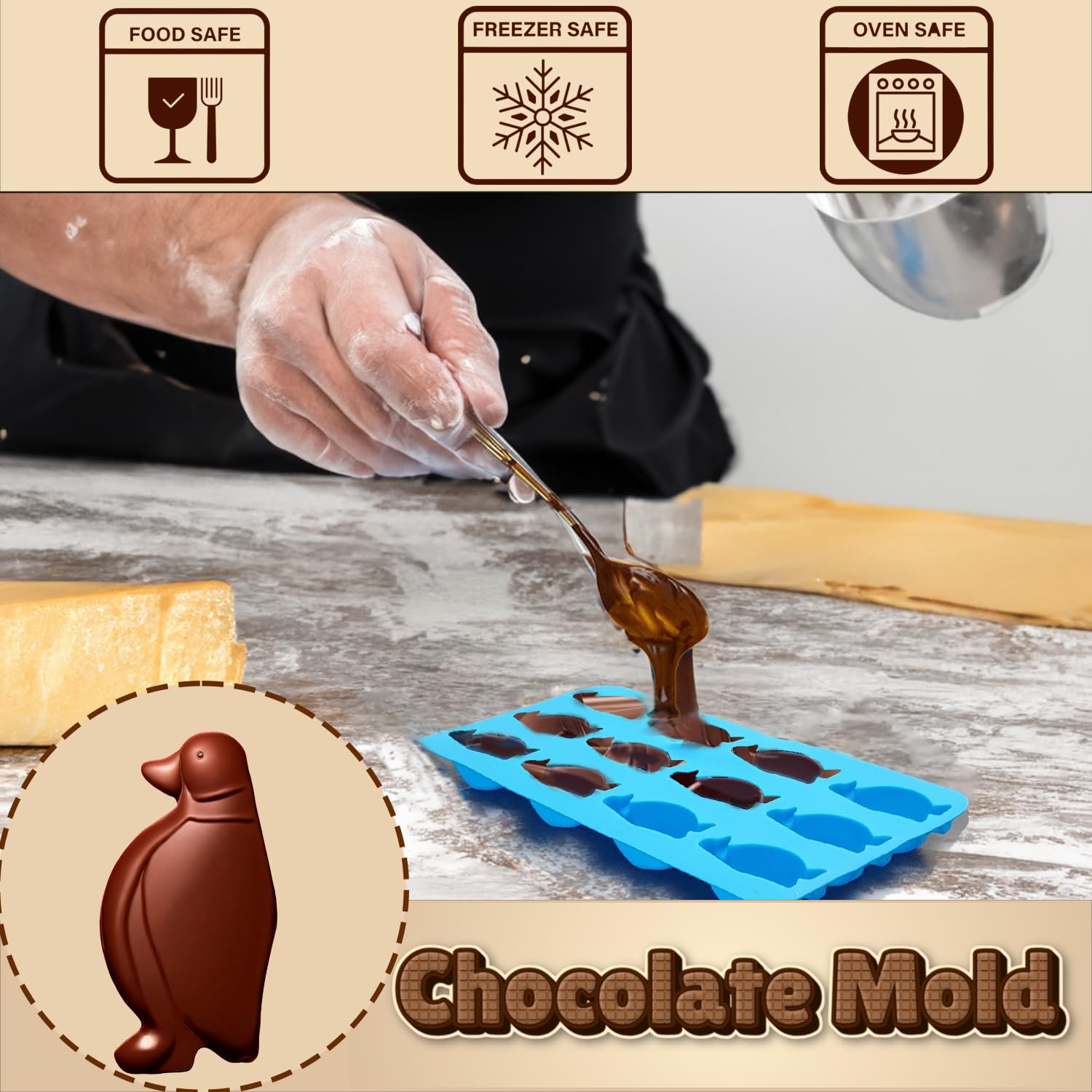 3-Pack Funny Penguin Shaped Silicone Molds for Chocolate & Ice Cubes - Perfect for Birthday Parties, Baby Showers & DIY Candy Making