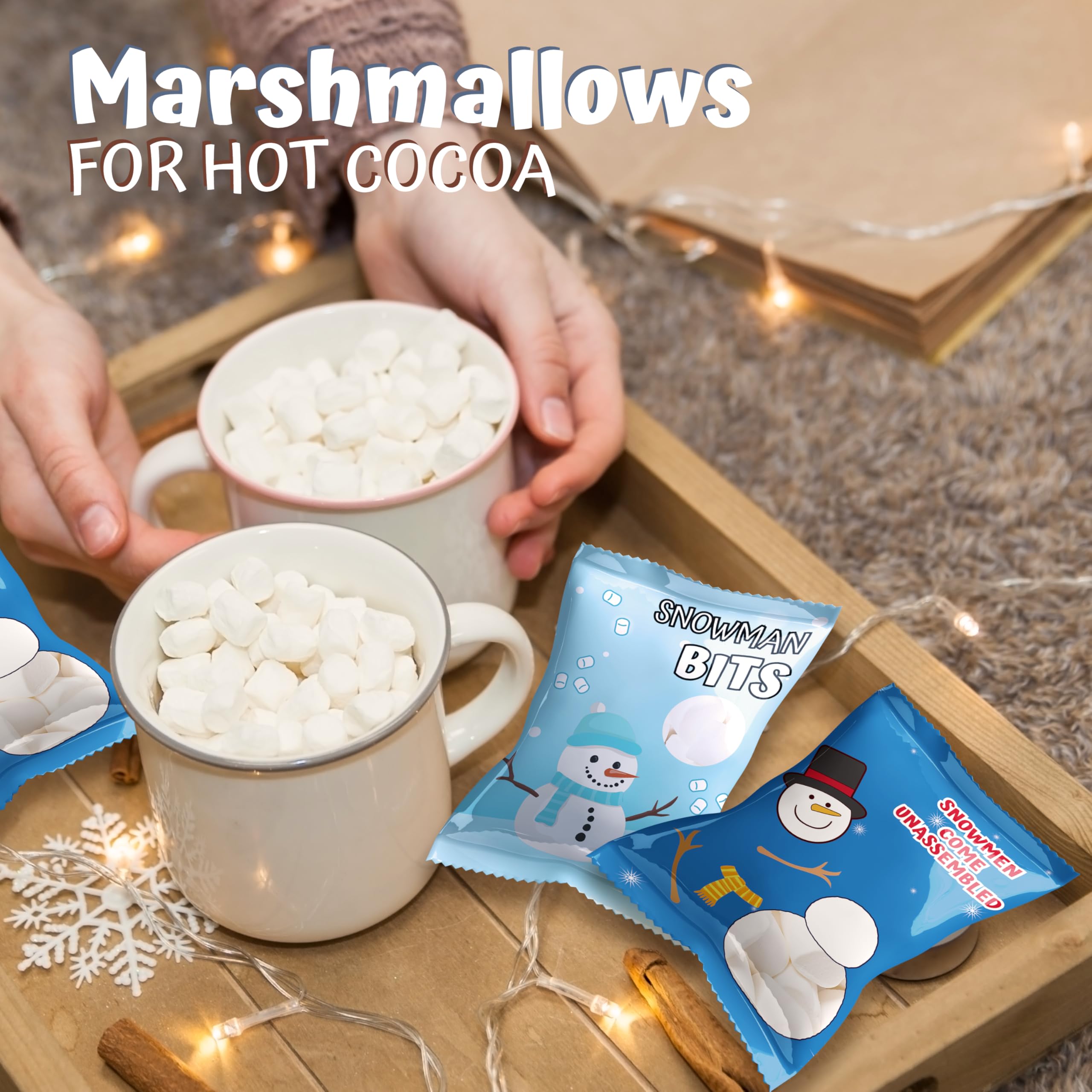 4E's Novelty 50 Packets Mini Marshmallows - 2 Cute Designs Individually Wrapped Marshmallows for Hot Chocolate, Baking & Christmas Decorations | Perfect for Holiday Parties, Coffee Toppings & Snowman Crafts