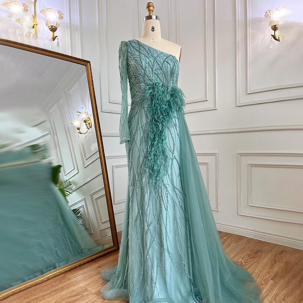Elegant Grey Mermaid Evening Dress with Feather Skirt & Beaded One Shoulder - Women's Formal Gowns for Prom, Wedding, Red Carpet & Special Occasions 2025