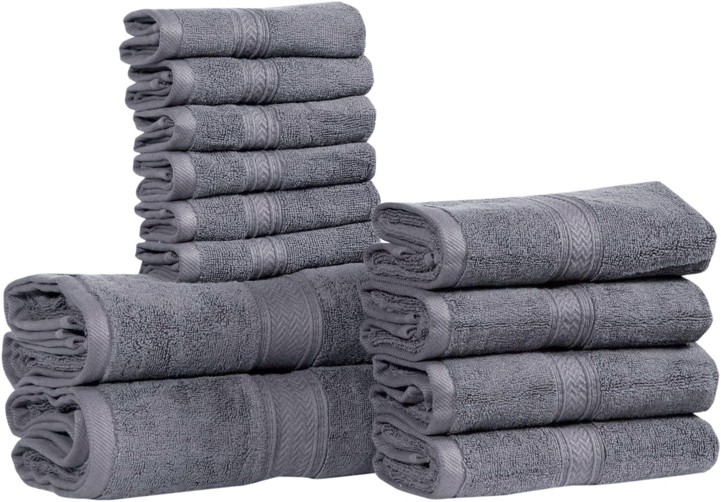 Premium 12-Piece 600 GSM Cotton Bath Towel Set - Ultra Soft & Absorbent Hotel & Spa Towels (2 Bath, 4 Hand, 6 Washcloths) - 100% Cotton Luxury Bathroom Towels for Home, Gym & Spa - Grey