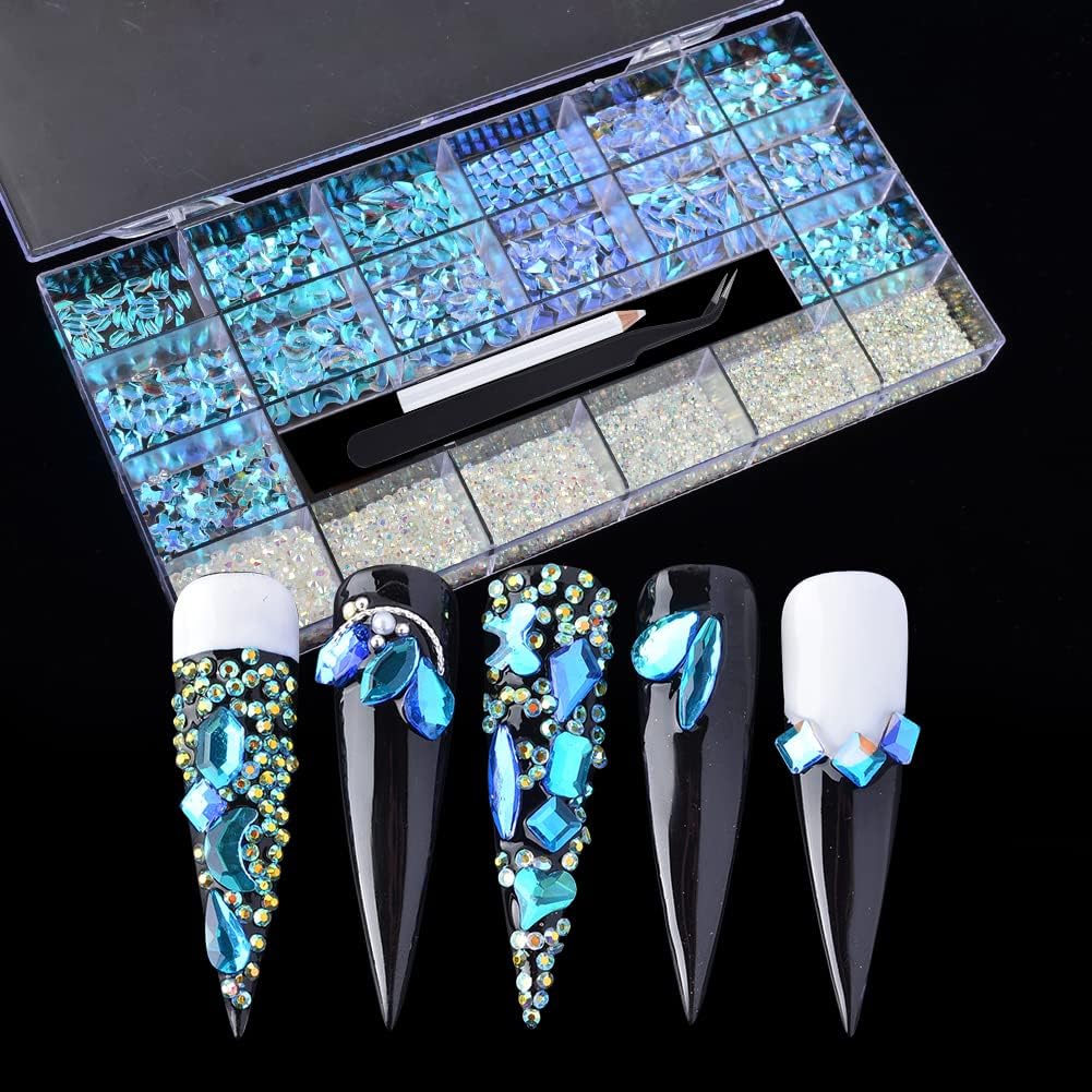 8640Pcs Champagne & Polar Blue Flatback Rhinestones Kit - 20 Shapes Nail Art Crystals, Round Beads, Diamond Jewels with Wax Pen & Tweezers - Perfect for DIY Nail Designs, Wedding Decor, Jewelry Making & Craft Projects