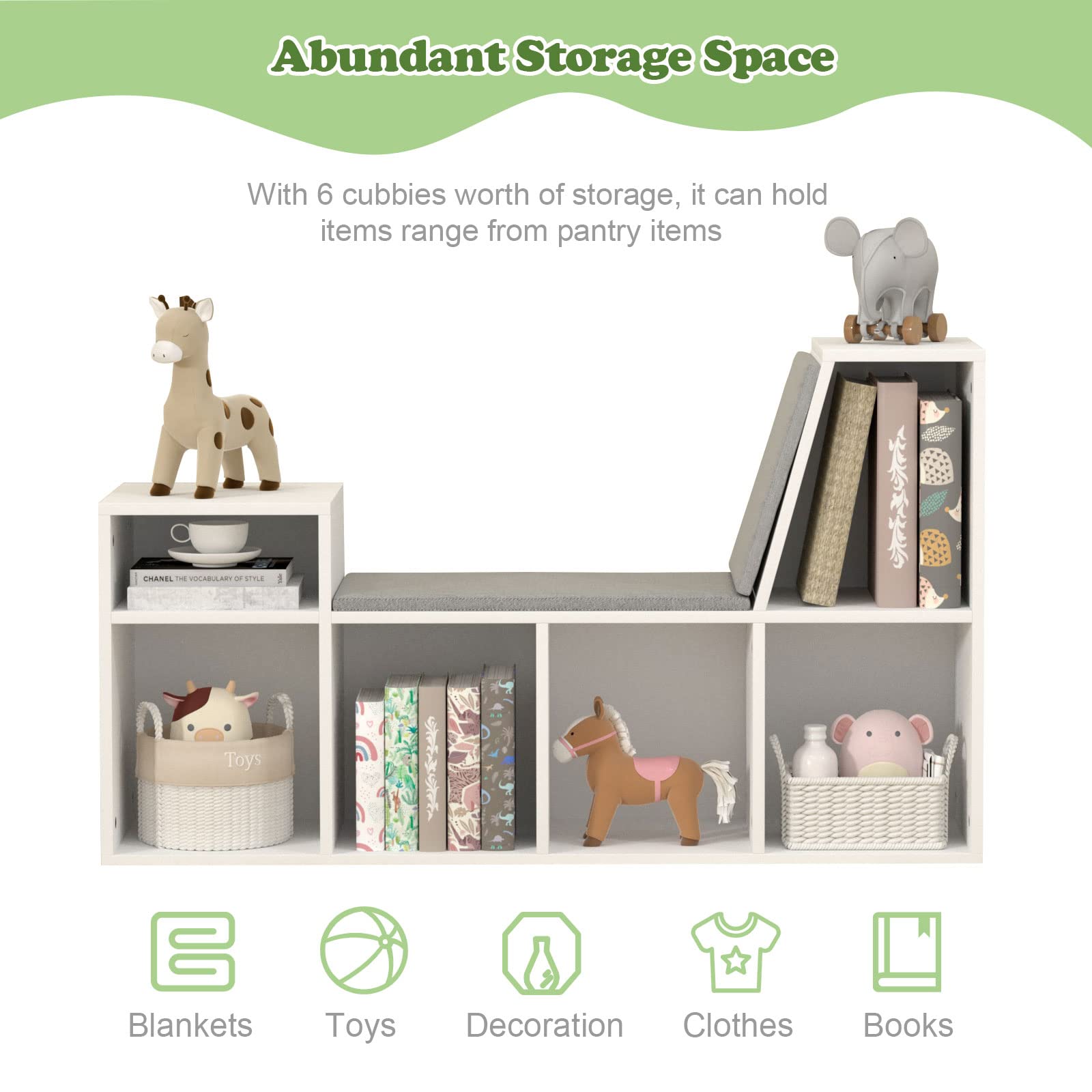 Kids Reading Nook with Storage - 6-Cubby Wooden Bookshelf & Bench Seat Organizer for Toddlers & Children - Perfect for Bedrooms, Classrooms & Playrooms (White)