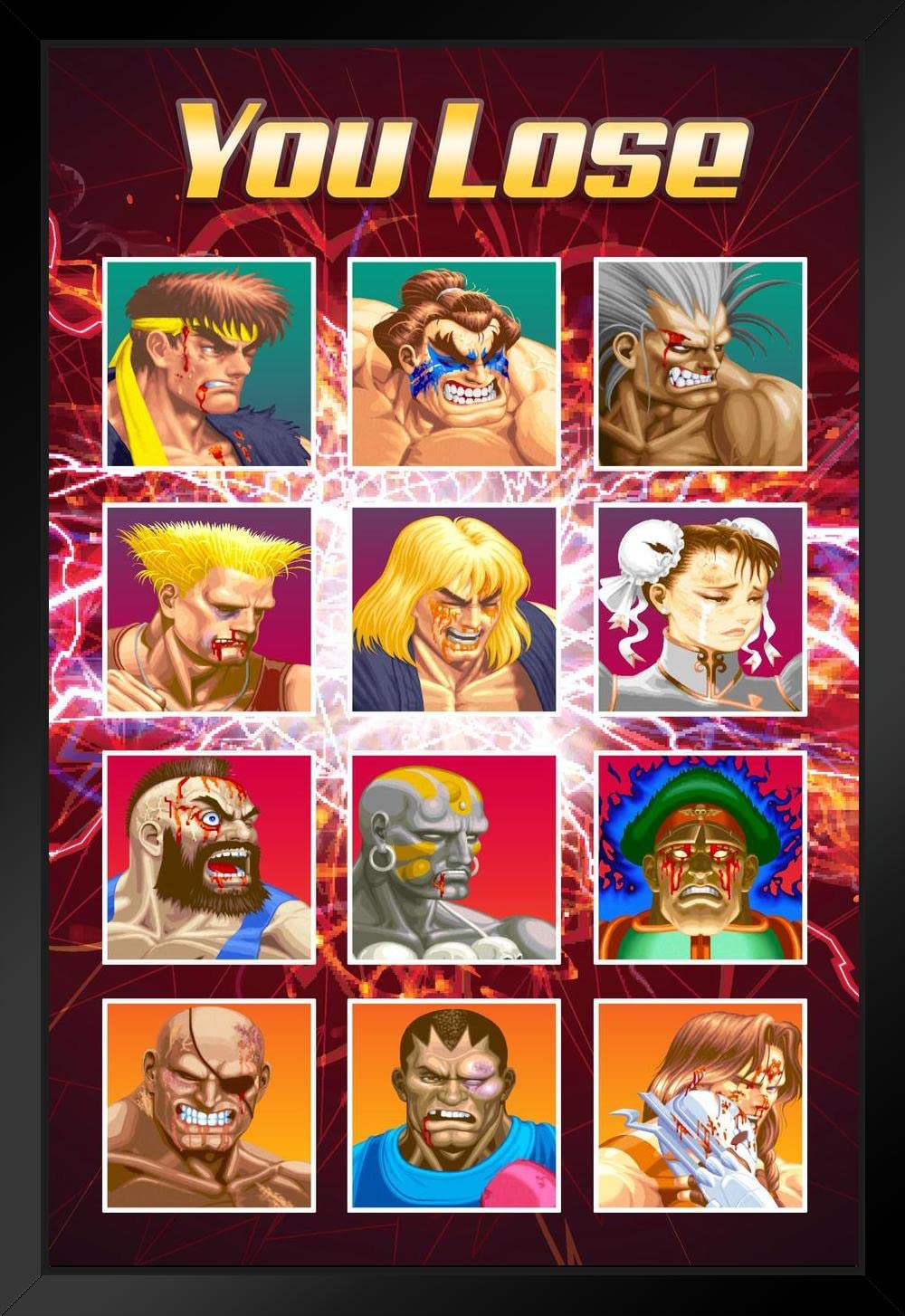 Street Fighter 'You Lose' Defeated Challengers CAPCOM Video Game Wall Art - Classic Fighting Game Merchandise, Black Wood Framed Poster 14x20 Inches - Perfect for Gamers Room, Man Cave & Arcade Themed Decor