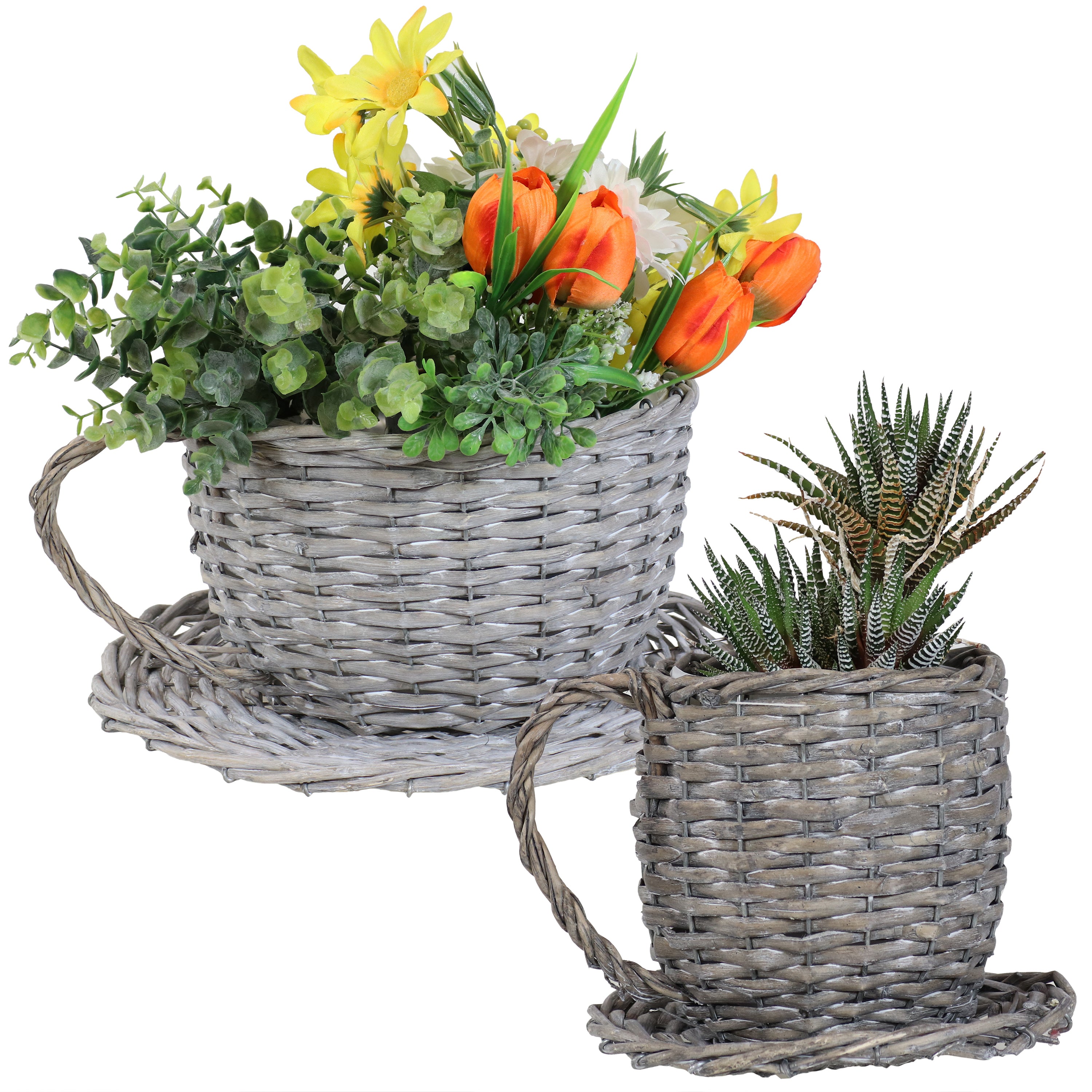 Sunnydaze Set of 2 Gray Willow Wicker Coffee Cup Indoor Planters - Perfect for Home Decor, Office Desk, and Succulent Plant Display