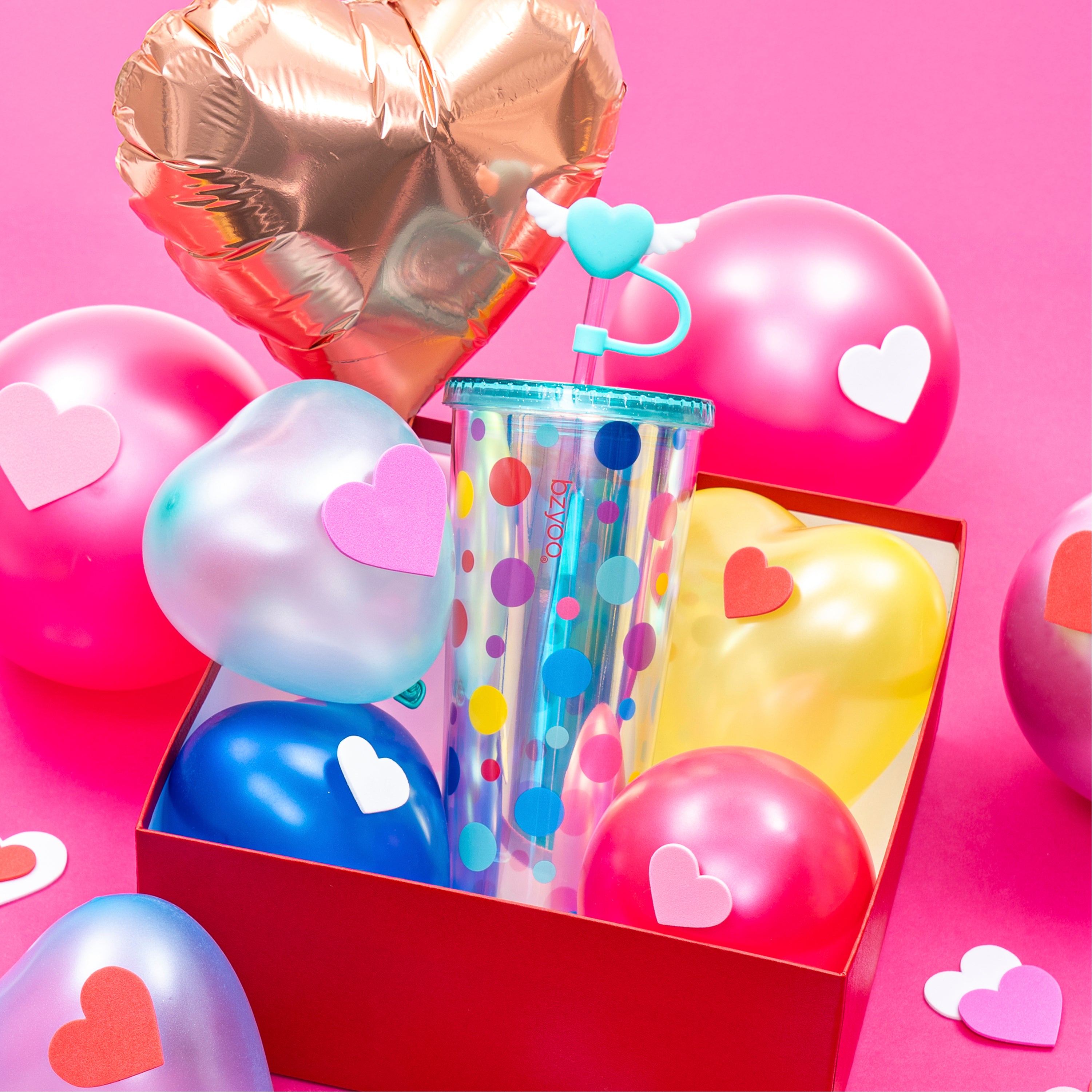24oz Insulated Tumbler with Heart-Shaped Lid & Wing Straw - Cute Polka Dot Design - Perfect for Coffee, Iced Tea & Cold Drinks at Work, Gym or Travel