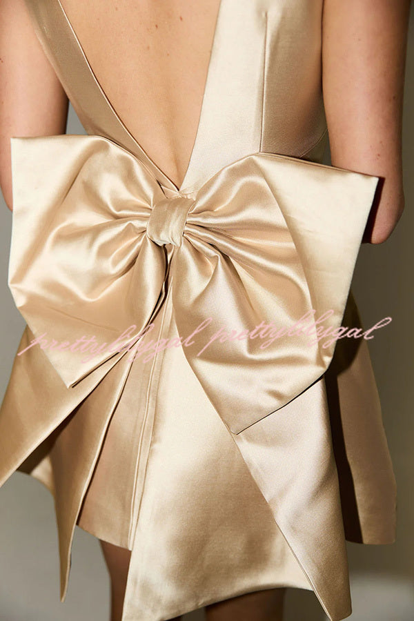 Ultimate Muse Satin Oversized Bow Detail Square Neck Mini Dress - Elegant Party & Cocktail Dress for Women, Perfect for Weddings, Date Nights & Special Occasions