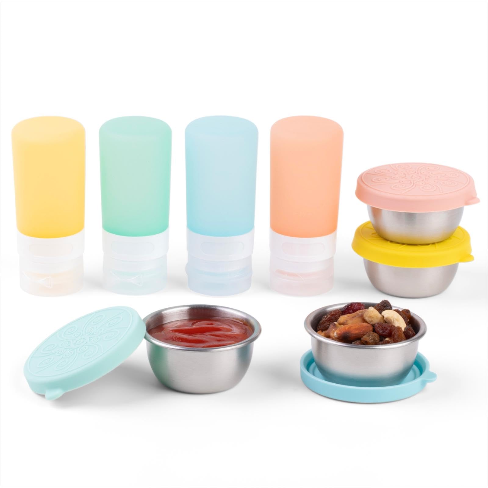 8-Pack Leakproof Salad Dressing Containers - 2oz Silicone Squeeze Bottles & 1.6oz Stainless Steel Sauce Cups with Lids - Perfect for Lunch Box, Picnics, Camping, and On-the-Go Meals
