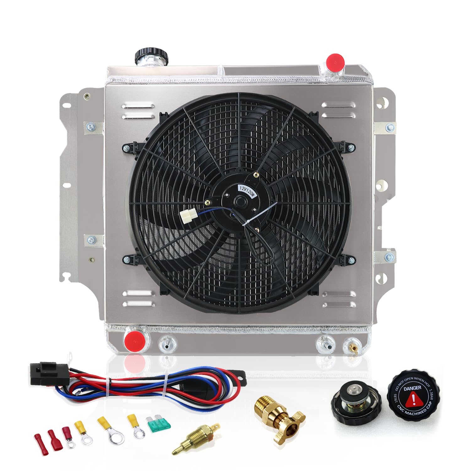 1987-2006 Jeep Wrangler TJ 3-Row Aluminum Radiator with Fan Shroud & Thermostat Relay Kit - High Performance Cooling Upgrade for Off-Road Adventures & Daily Driving
