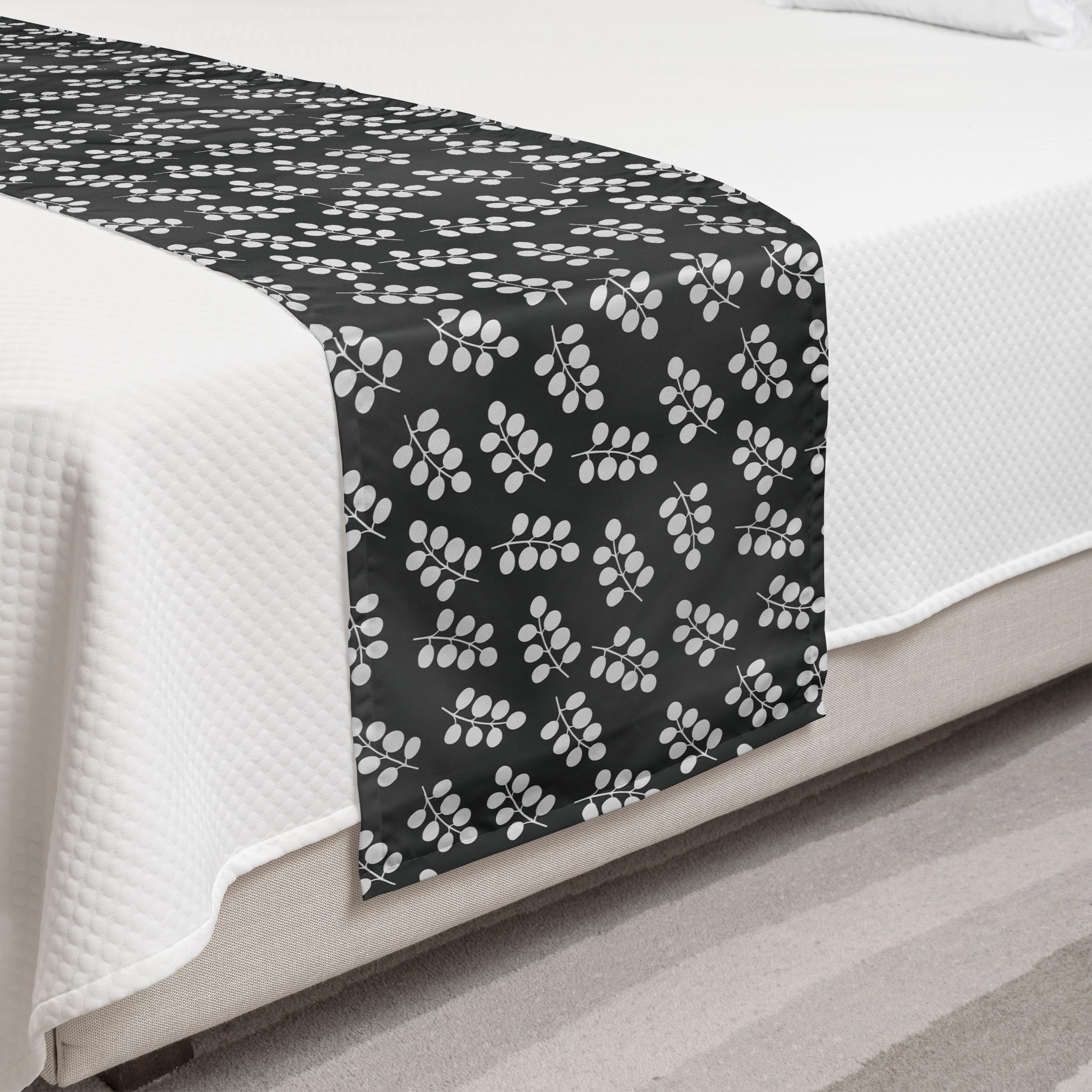 Ambesonne Grey and White Bed Runner - Modern Monochrome Abstract Leaves Design for Hotels, Homes & Guestrooms | Decorative Bed Scarf for Sofa, Couch & Bedroom Decor | Charcoal Grey & White Accent Piece