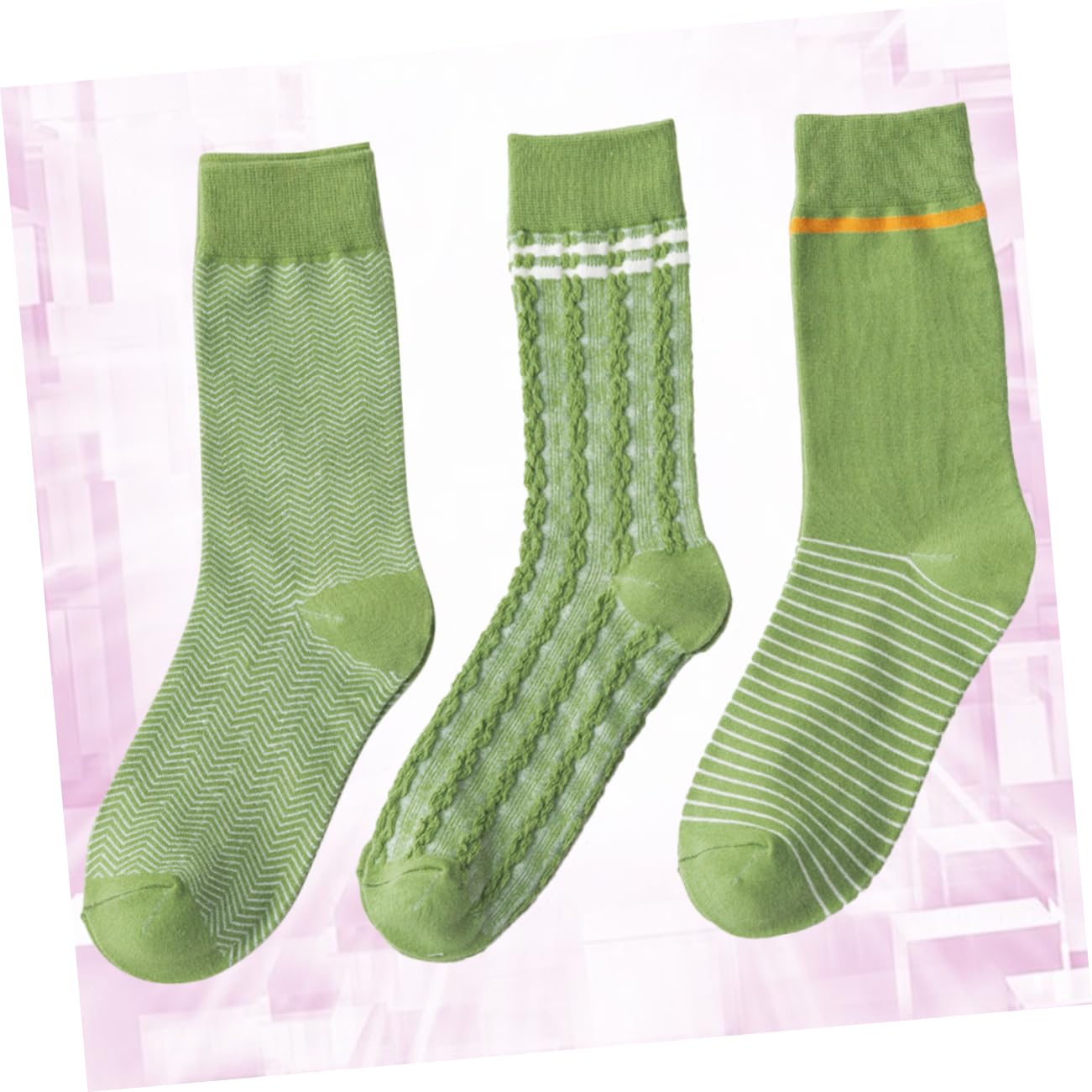 LIFKOME Women's Mid Crew Cotton Socks - Green Stripe Pattern, Comfortable Tube Stockings for Casual Wear, Running, and Everyday Use