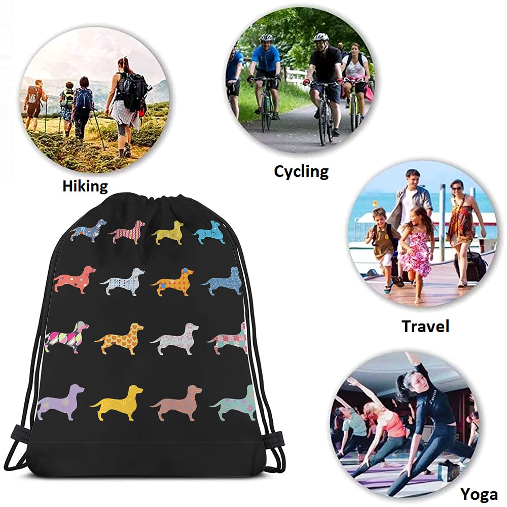 Colorful Dachshund Drawstring Backpack - Cute Puppy Animal Print with Stars, Hearts & Polka Dots - Boho Tribal Gym Sack for Yoga, Sports, Travel - Perfect for Men & Women (Gym, Beach, Festival, School)