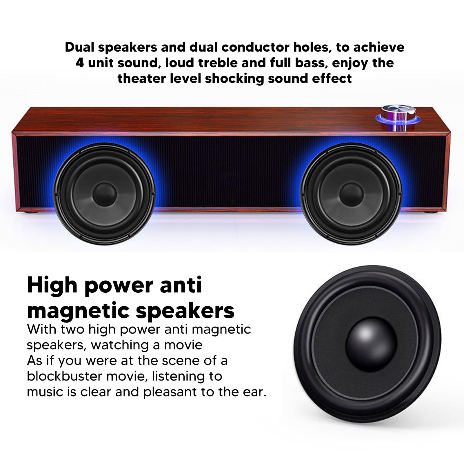 Annadue Wooden HiFi Stereo Computer Speakers - USB Powered Desktop Soundbar with AUX Input, Wired PC Speakers for Laptop, Monitor, Tablets - Perfect for Home Office, Gaming, and Multimedia Use