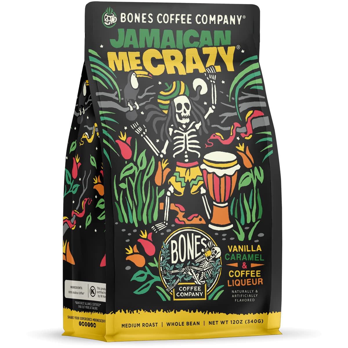 Bones Coffee Company Jamaican Me Crazy Whole Bean Coffee - Medium Roast, Low Acid with Vanilla, Caramel & Coffee Liqueur Flavors (12 oz) | Perfect for Home Brewing, Office Use & Gifts for Coffee Lovers