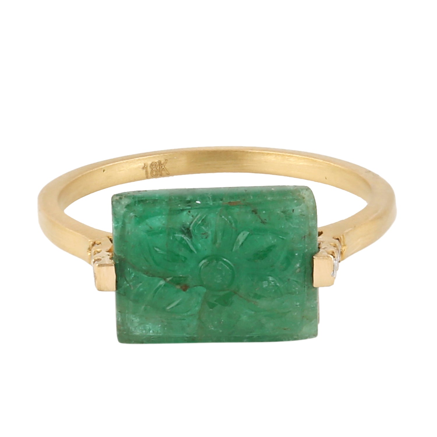 18K Yellow Gold Carving Emerald Prong Diamond Ring for Women - Elegant Vintage Jewelry for Engagement, Wedding & Anniversary Gifts