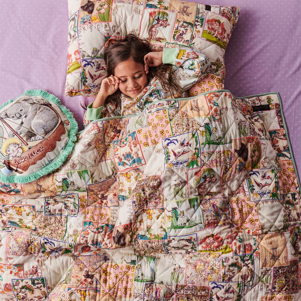 Kip&Co X May Gibbs Organic Cotton Quilted Pillowcase with Patches - Soft Decorative Throw Pillow Cover for Bed, Sofa & Nursery - Perfect for Kids Room, Living Room & Home Decor