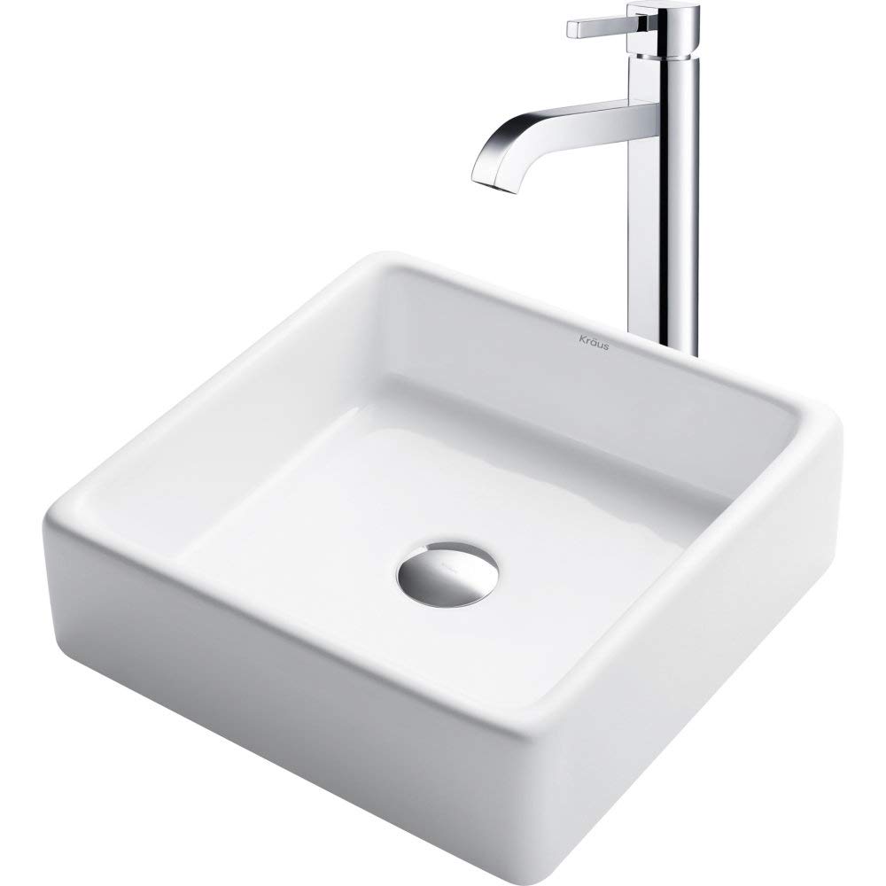 KRAUS 15-inch Square White Porcelain Ceramic Bathroom Vessel Sink with Chrome Faucet Set - Modern Vanity Sink for Powder Room, Guest Bath & Master Bathroom Decor