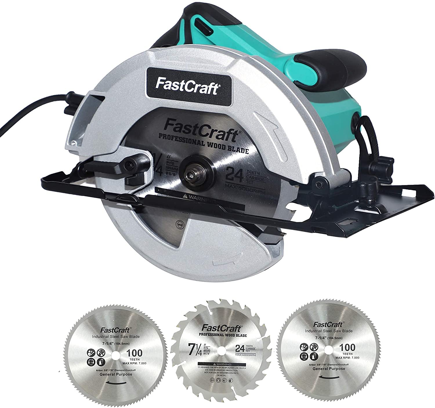 FastCraft 15 Amp Corded Electric Circular Saw with 3-Piece Saw Blades - 21A Peak Power for Woodworking & DIY Projects - Industrial & Pro Grade Power Tool for Cutting Wood, Metal & Plastic - Top Brand at Costco