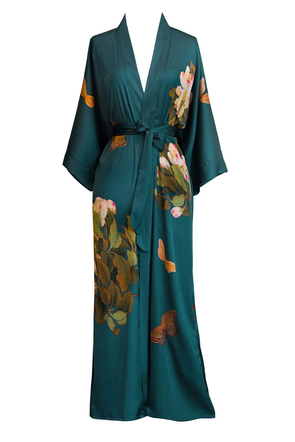 KIM+ONO Women's Charmeuse Kimono Robe Long Sleeve - Elegant Watercolor Floral Print Lightweight Loungewear for Spa, Bridal Shower & Relaxation at Home