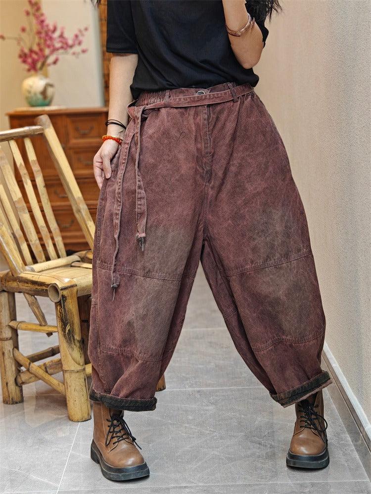 Vintage Style Women's Stretch Denim Tapered Harem Pants - Comfortable Elastic Waist for Casual Wear, Lounge & Boho Fashion