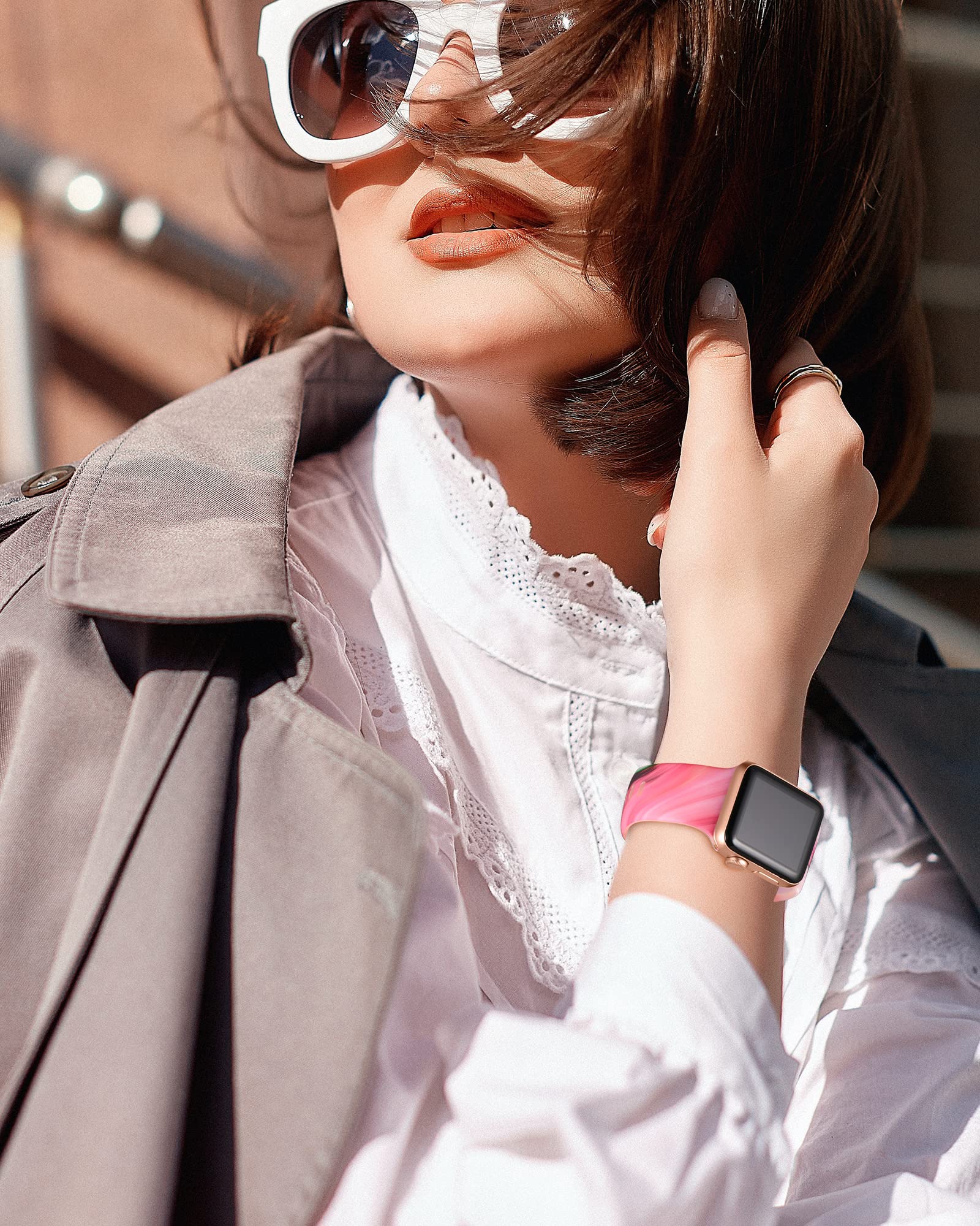 Witzon Cute Transparent Silicone Apple Watch Bands for Women - Soft Sport Strap Replacement Compatible with iWatch Series 7/6/5/4/3/2/1/SE (38mm 40mm 42mm 44mm 45mm) - Pink Blue Marble Design for Gym, Running & Everyday Wear