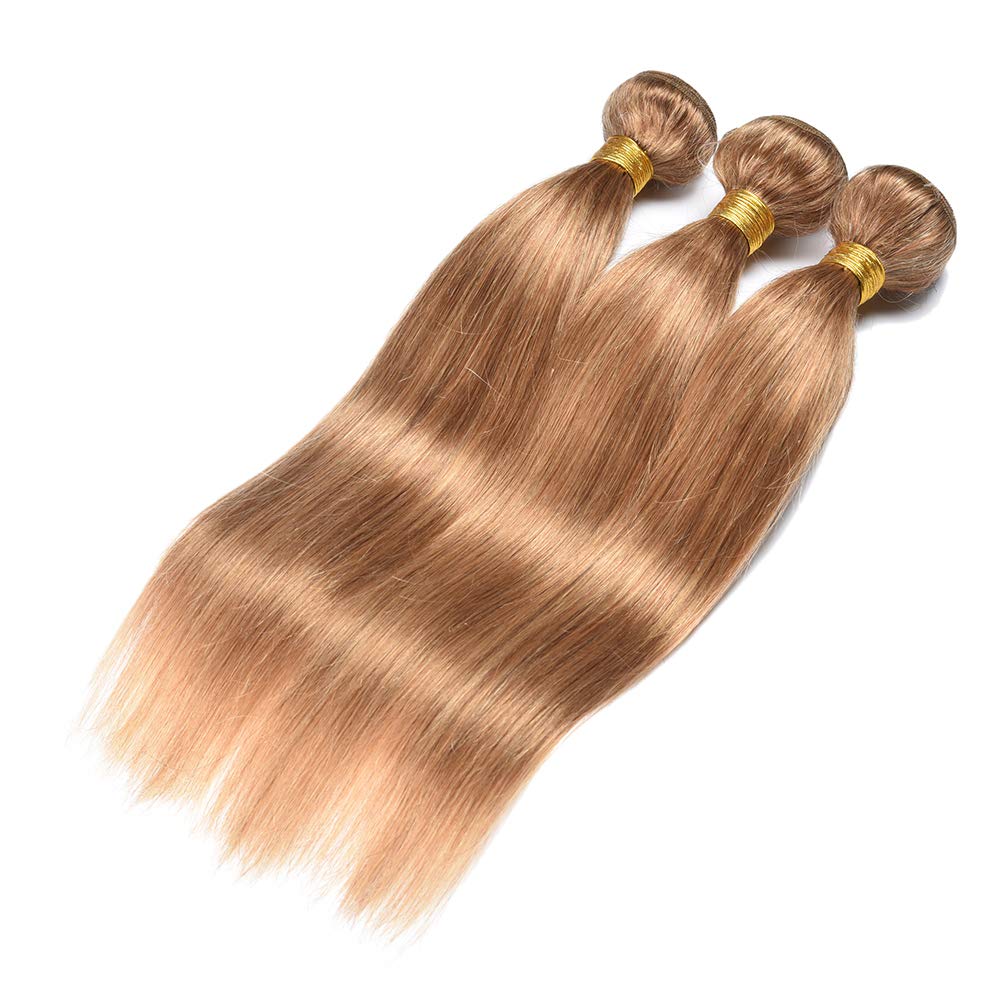 WOME 100% Unprocessed Virgin Peruvian Straight Hair Extensions - 3 Bundles Soft & Shiny Human Hair Wefts (12/14/16 Inch, Honey Blonde 27#) for Daily Styling & Special Occasions