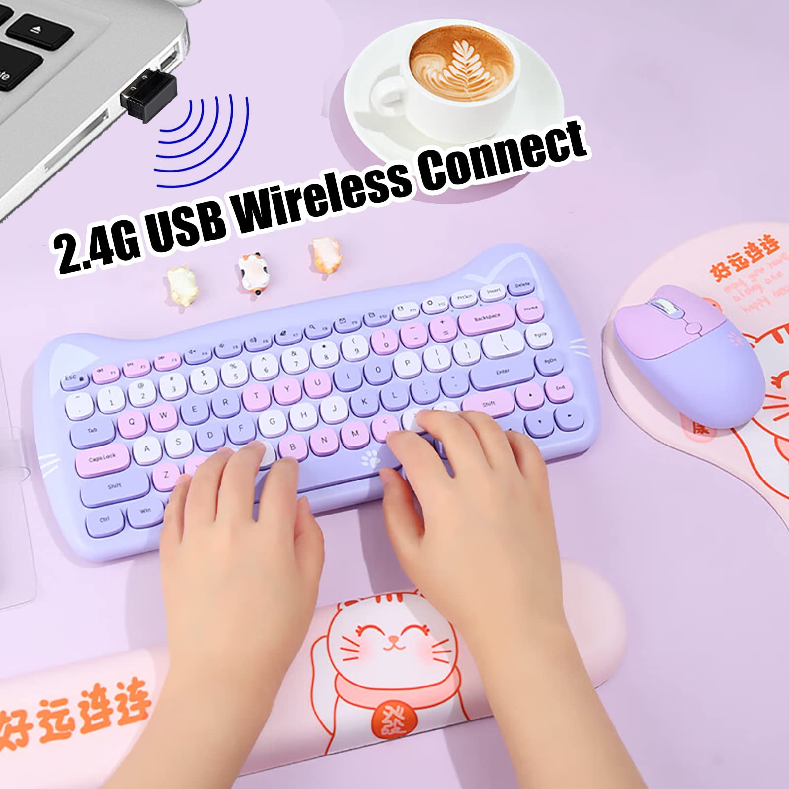 Cute Cat 2.4G USB Wireless Keyboard and Mouse Combo - Silent Keys, Ergonomic Design, Candy Colors (Purple-84Keys) - Compatible with Windows/Mac PC, Laptop - Perfect for Home Office, Gaming & Typing