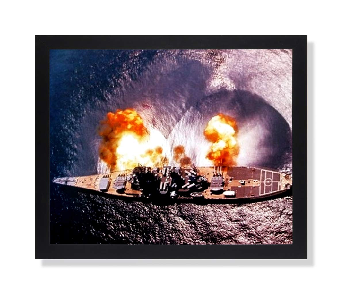 USS Missouri Battleship Firing Guns Military Wall Art - Black Framed Navy Decor Picture Print for Home Office & Man Cave