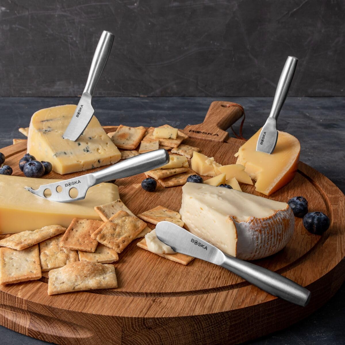 BOSKA Stainless Steel Cheese Knife Set - 4 Mini Copenhagen Knives for All Cheese Types - Silver Non-Stick Dishwasher Safe - Perfect for Kitchen Cooking, Cheese Boards & Entertaining