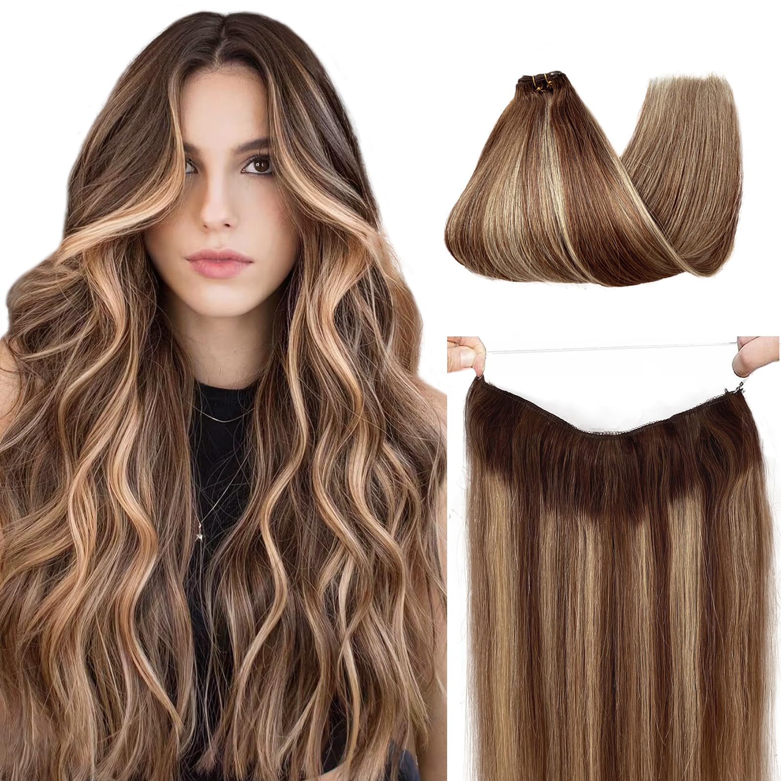 Halos 22Inch 100g Invisible Wire Real Human Hair Extensions - Strawberry Blonde Ombre Medium Brown - Natural Looking Hair Extensions for Volume & Length | Perfect for Parties, Weddings & Everyday Styling