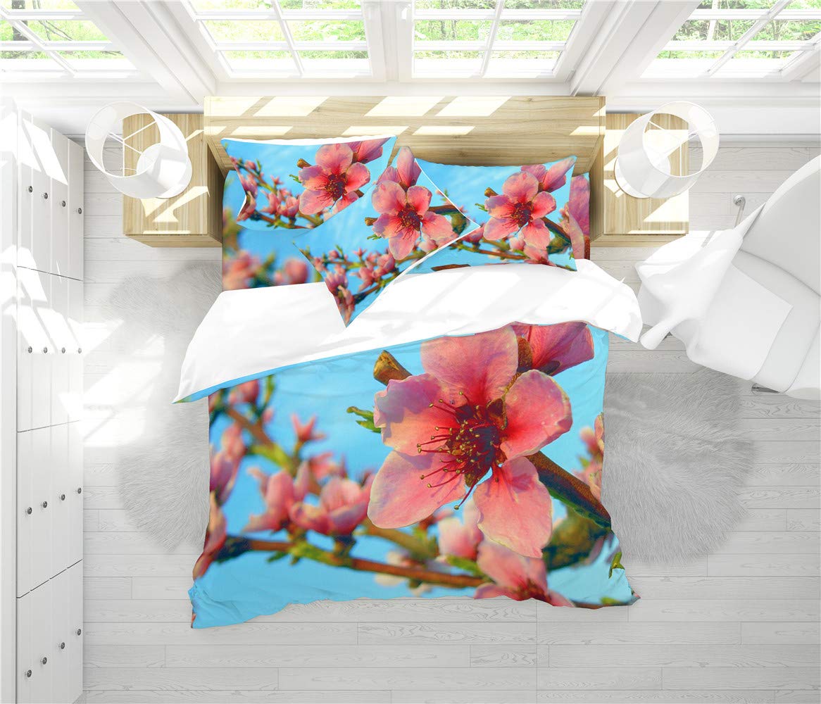 REALIN Pink and White Cherry Blossom Duvet Cover Set - 2/3/4PCS Spring Floral Bedding with Quilt Cover, Sheets & Pillow Shams - Twin/Full/Queen/King Size (Full-200x229cm-4PCS) - Perfect for Spring Bedroom Decor, Wedding Gift, and Guest Room Makeover