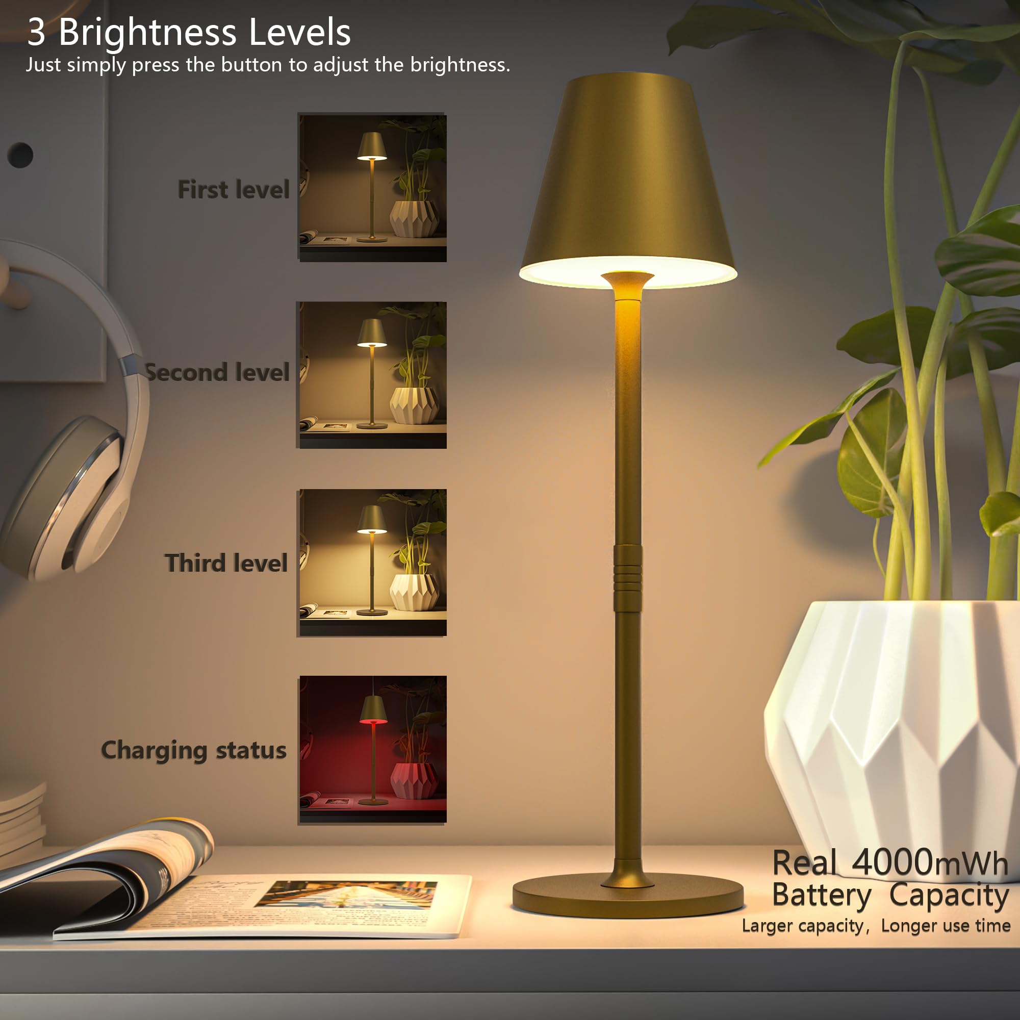Rechargeable LED Cordless Table Lamp - 4000mAh Battery, 3-Level Brightness Adjustable Night Light, Minimalist Modern Design for Bedroom, Living Room, Office (Bronze, 2 Pack) - Perfect for Romantic Dinners, Reading, and Relaxing Ambience