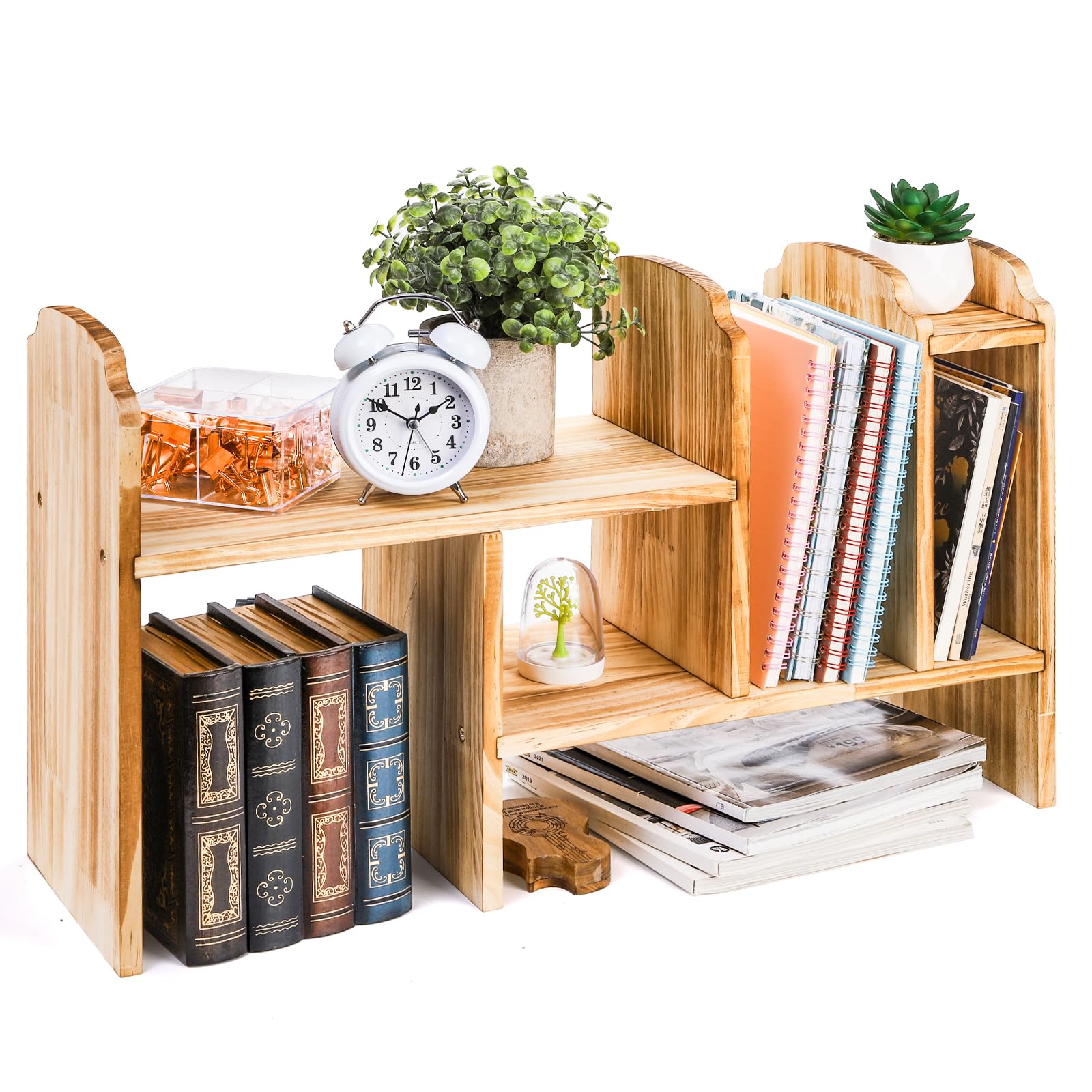 Adjustable Wooden Desktop Storage Organizer - 7 Compartment Expandable Bookshelf Hutch for Office Desk, Home & Workspace Organization | Perfect for Storing Books, Files, Office Supplies & Decorative Items