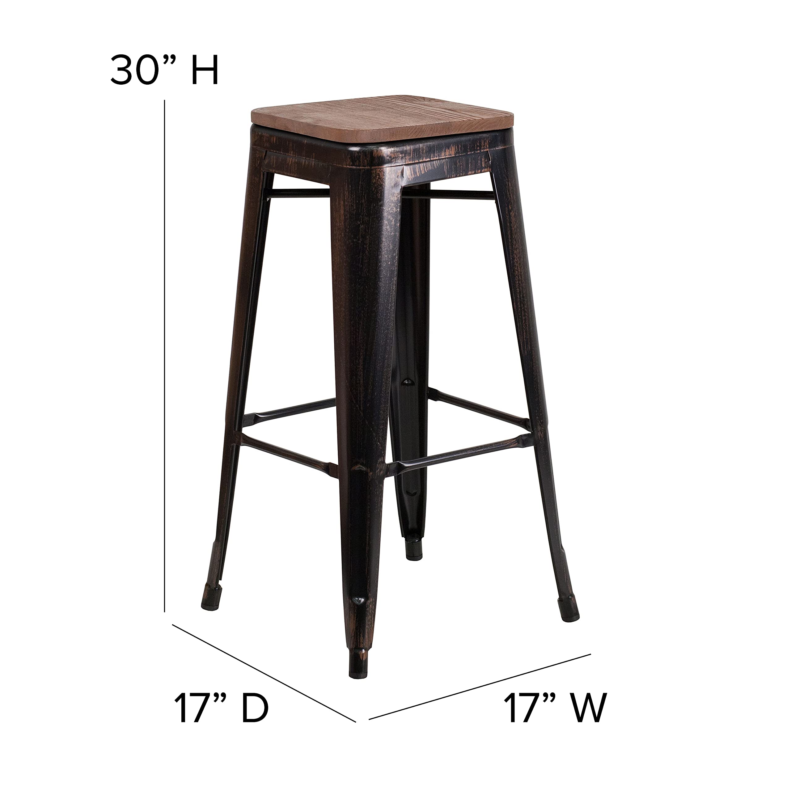 EMMA + OLIVER 30 Inch H Backless Bar Stool - Black & Antique Gold Metal Frame with Wooden Seat - Perfect for Kitchen Islands, Breakfast Bars & Home Decor