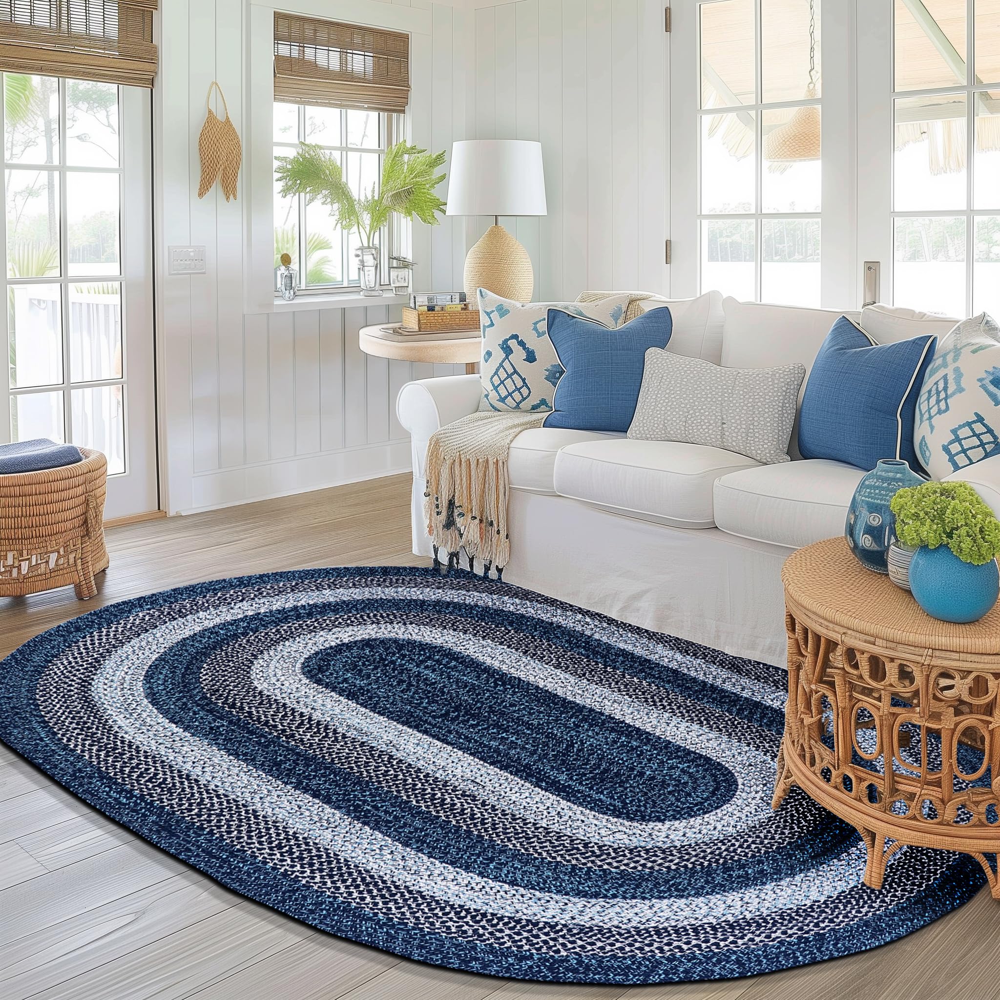 5' x 8' Oval Braided Area Rug - Rustic Aqua Blue/White/Black Washable Indoor/Outdoor Rug for Living Room, Family Room, Patio & Porch | Perfect for Farmhouse Decor & High-Traffic Areas